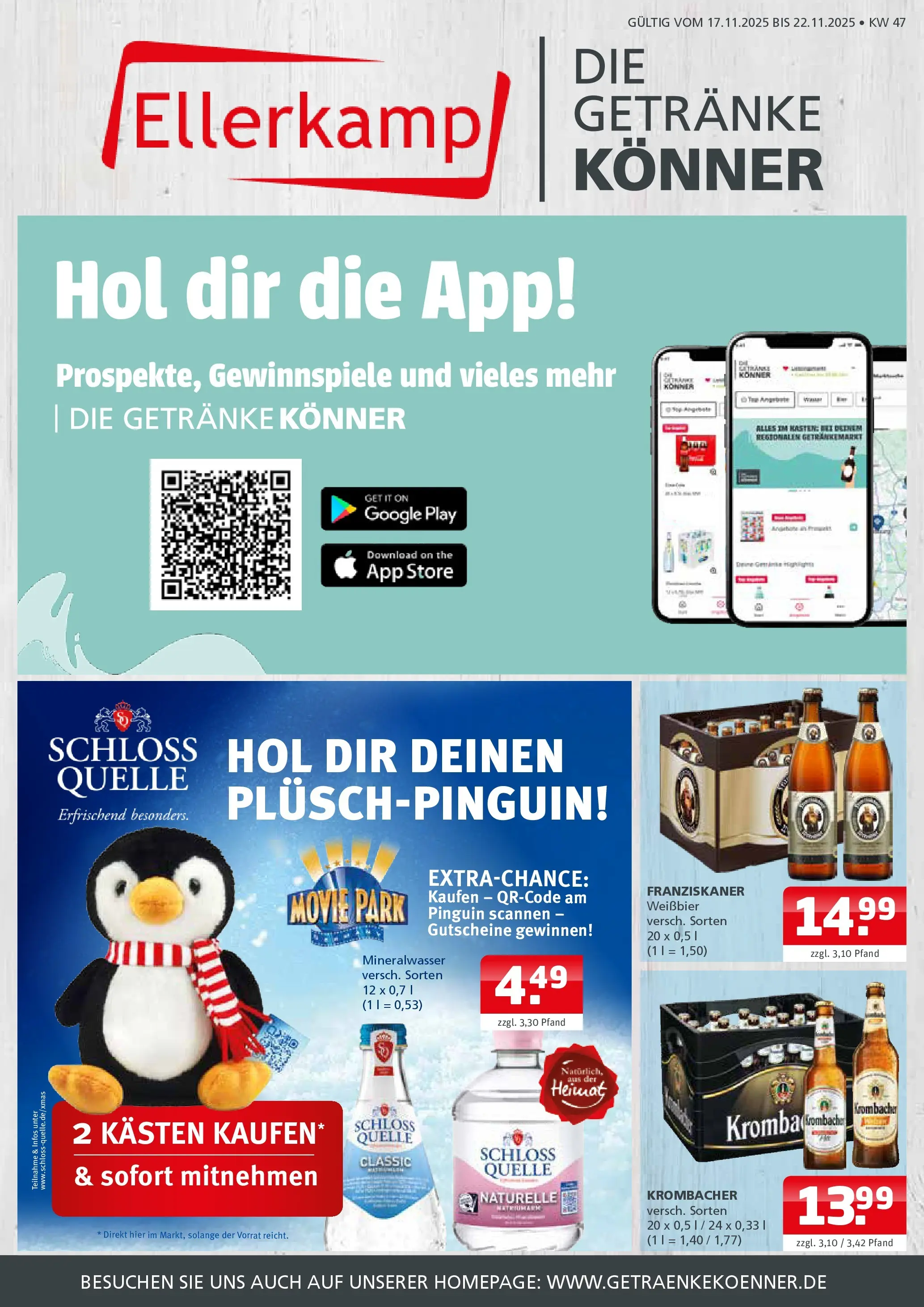 Entdecke - Getränke Ellerkamp: Getränkeangebote (ab 16.11.2025) zum Blättern | Seite: 1 | Produkte: Franziskaner, Weißbier, Mineralwasser, Krombacher