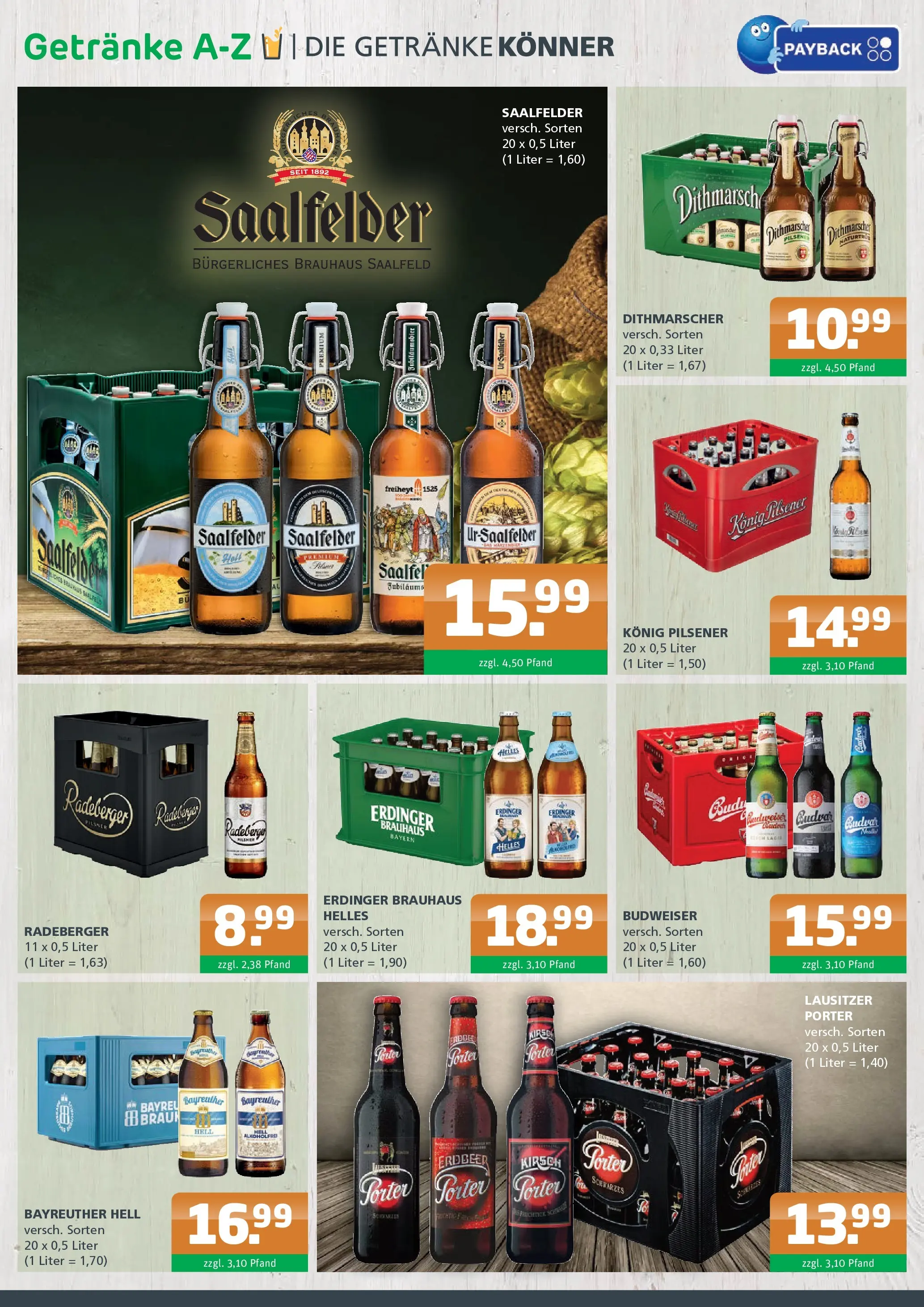 Entdecke - Getränke A-Z: Getränkeangebote (ab 16.11.2025) zum Blättern | Seite: 2 | Produkte: Bayreuther hell, Konig pilsener, Erdinger, Budweiser