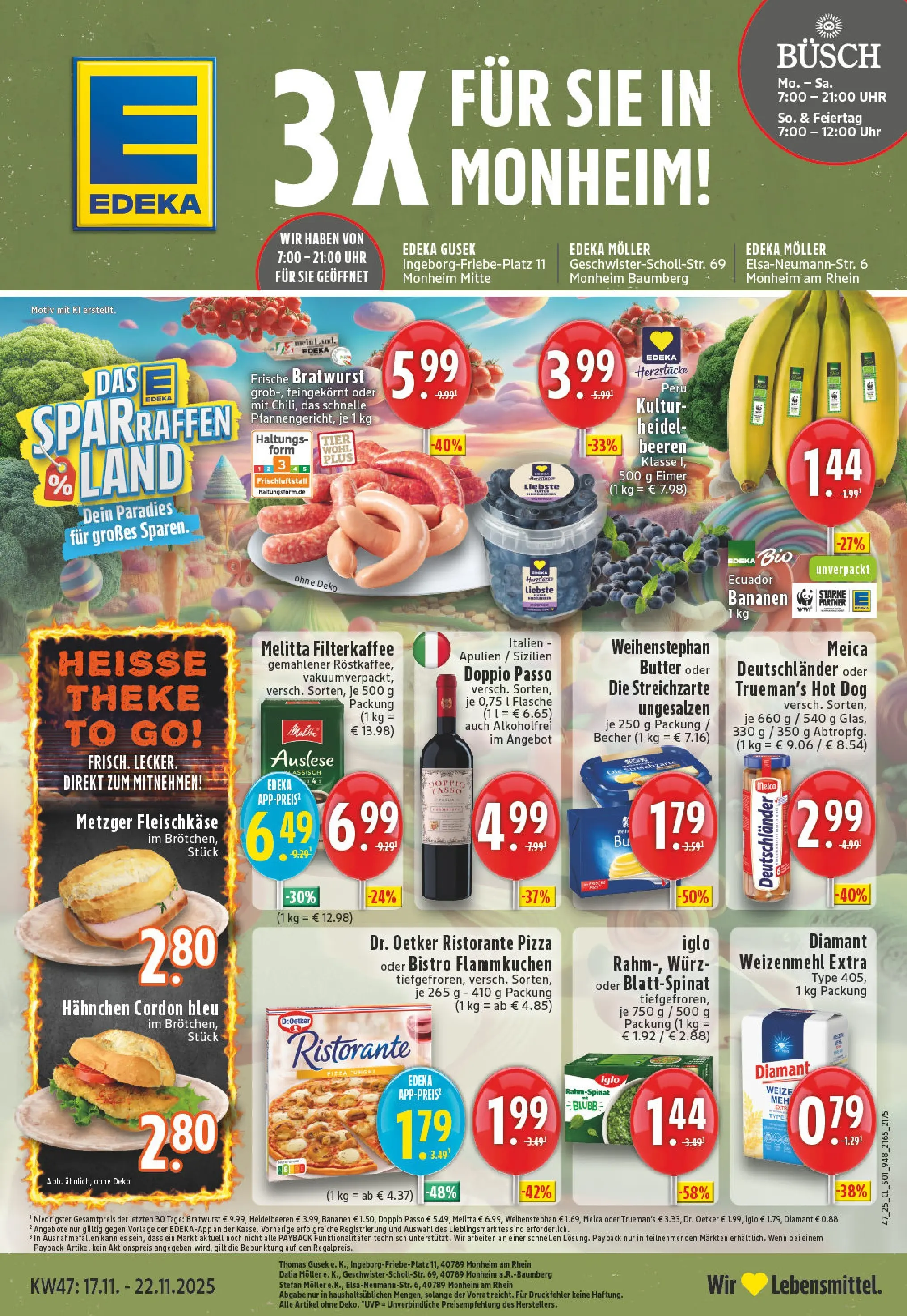 Edeka prospekt Monheim-Baumberg	 (ab 17.11.2025) » Angebote Online | Seite: 1 | Produkte: Bratwurst, Bananen, Weihenstephan butter, Uhr