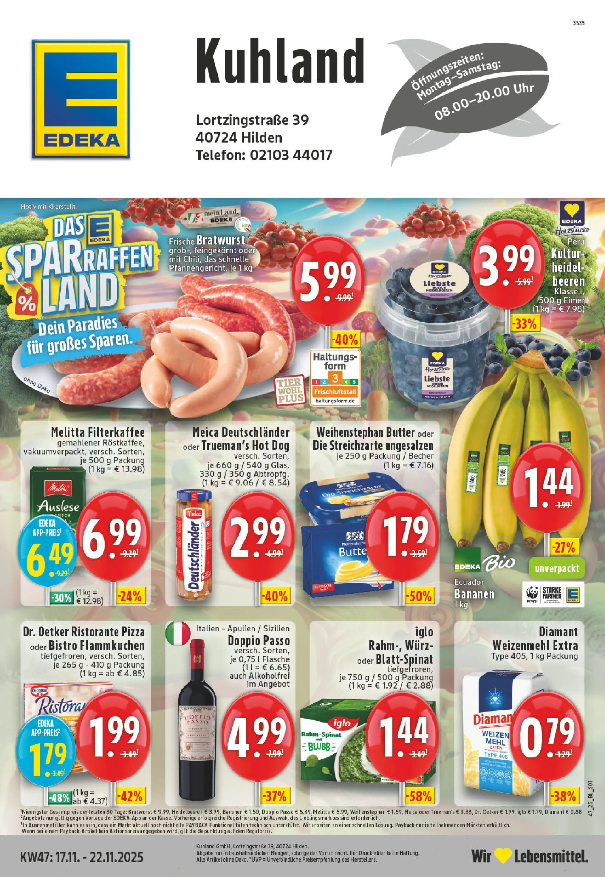 Edeka prospekt Hilden	 (ab 17.11.2025) » Angebote Online | Seite: 1 | Produkte: Bratwurst, Heidelbeeren, Pizza, Uhr