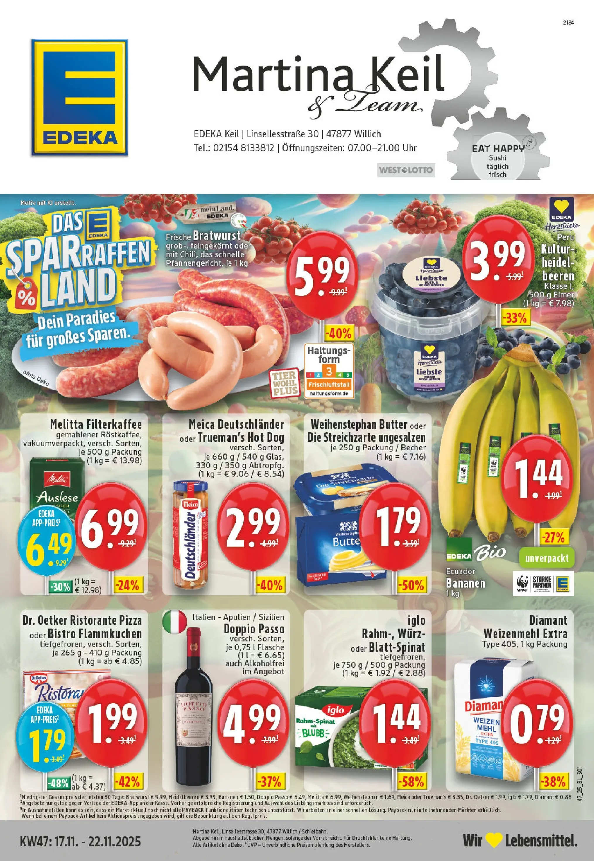Edeka prospekt Willich - Schiefbahn	 (ab 17.11.2025) » Angebote Online | Seite: 1 | Produkte: Melitta, Weihenstephan butter, Doppio Passo, Uhr