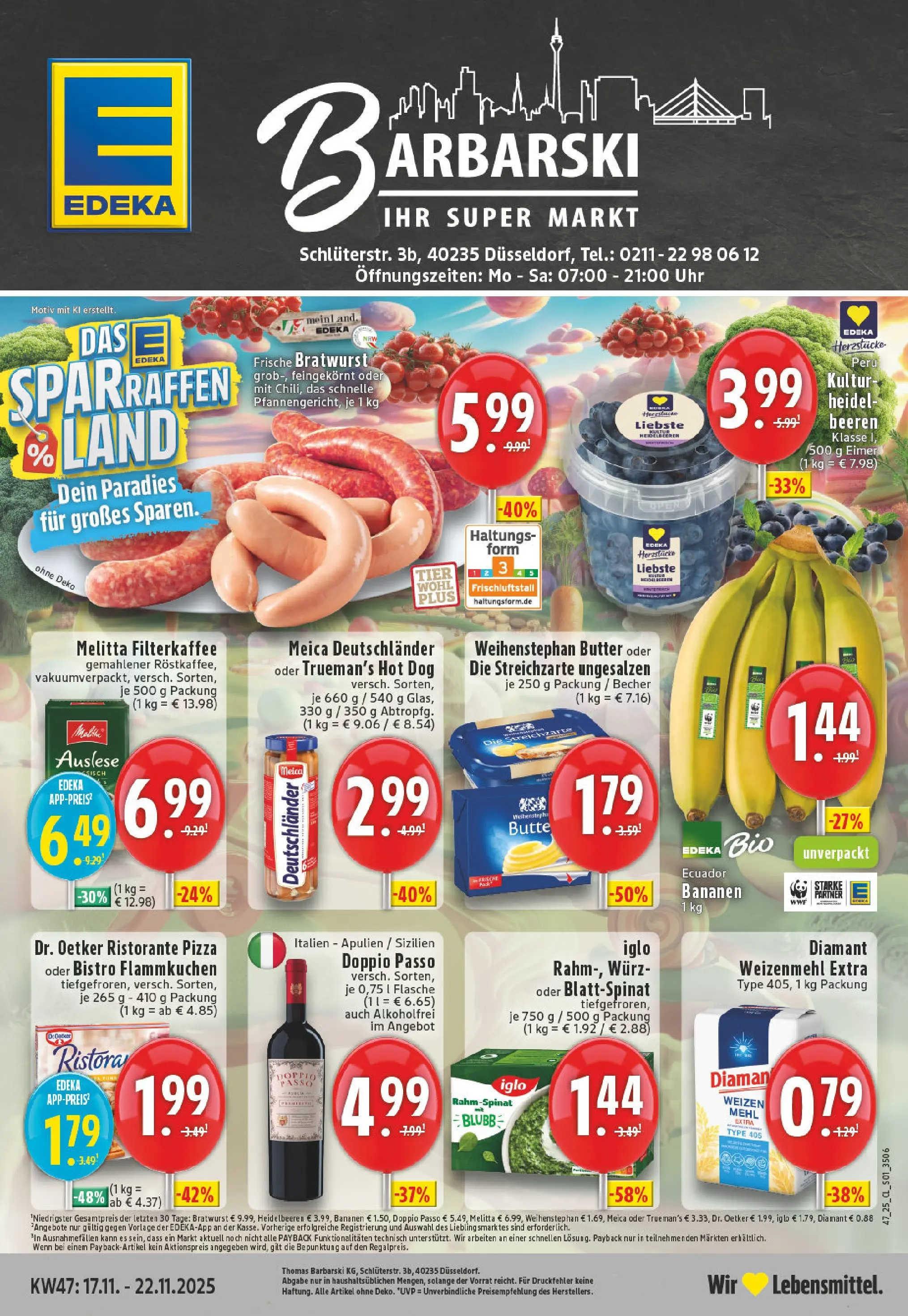 Edeka prospekt Düsseldorf	 (ab 17.11.2025) » Angebote Online | Seite: 1 | Produkte: Melitta, Bratwurst, Weihenstephan butter, Doppio Passo