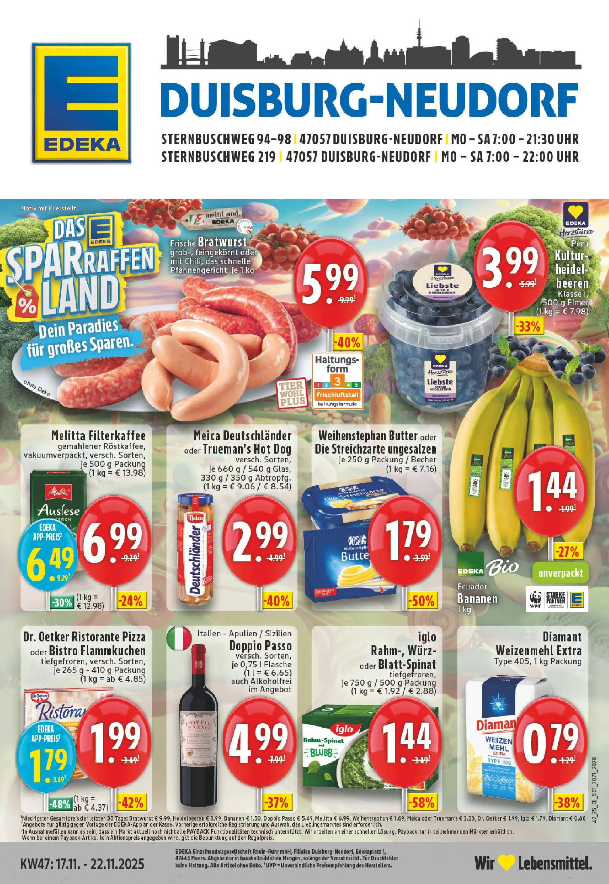 Edeka prospekt Duisburg	 (ab 17.11.2025) » Angebote Online | Seite: 1 | Produkte: Bratwurst, Weizenmehl, Doppio Passo, Pizza