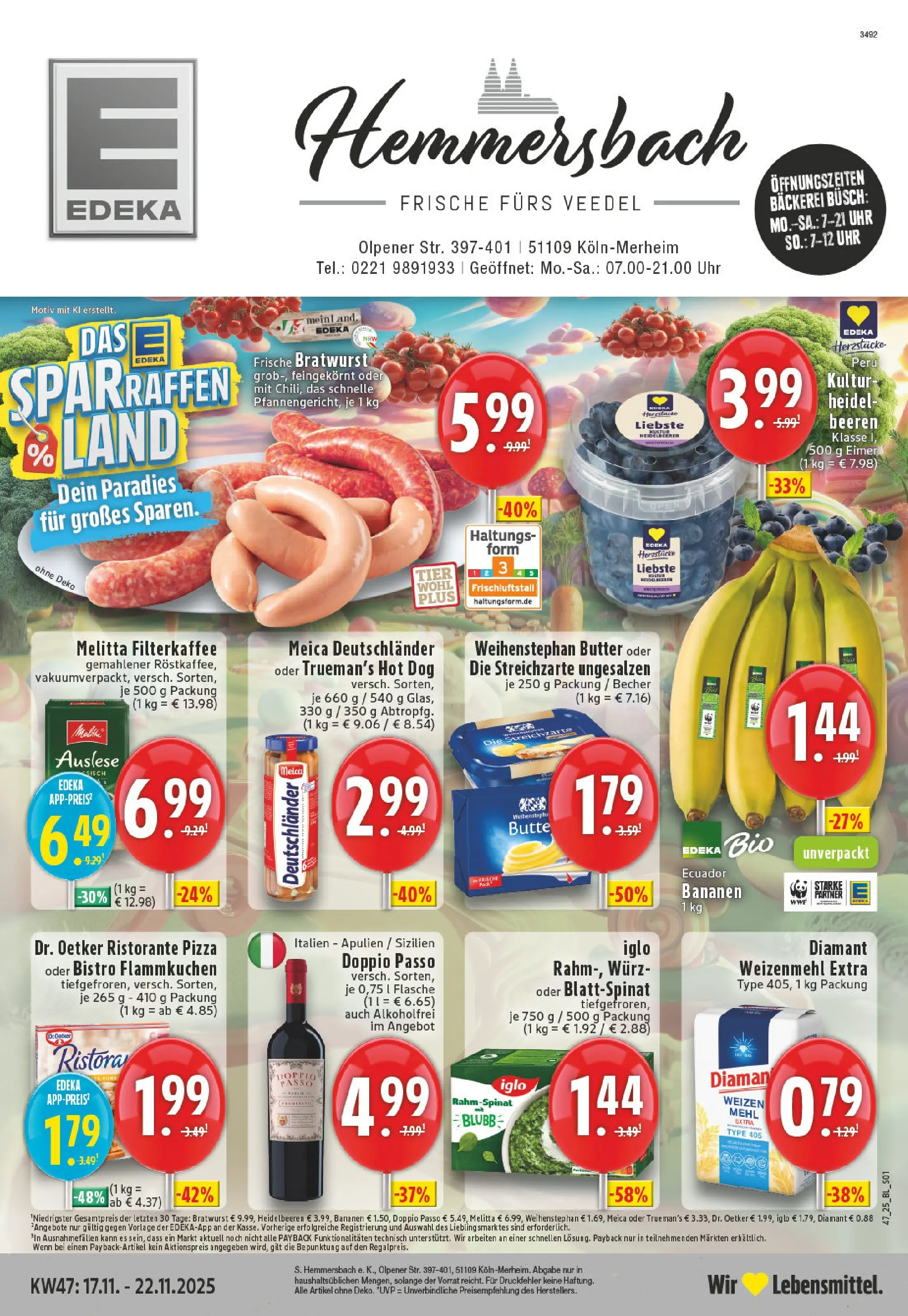 Edeka prospekt Köln	 (ab 17.11.2025) » Angebote Online | Seite: 1 | Produkte: Iglo, Bratwurst, Weihenstephan butter, Heidelbeeren