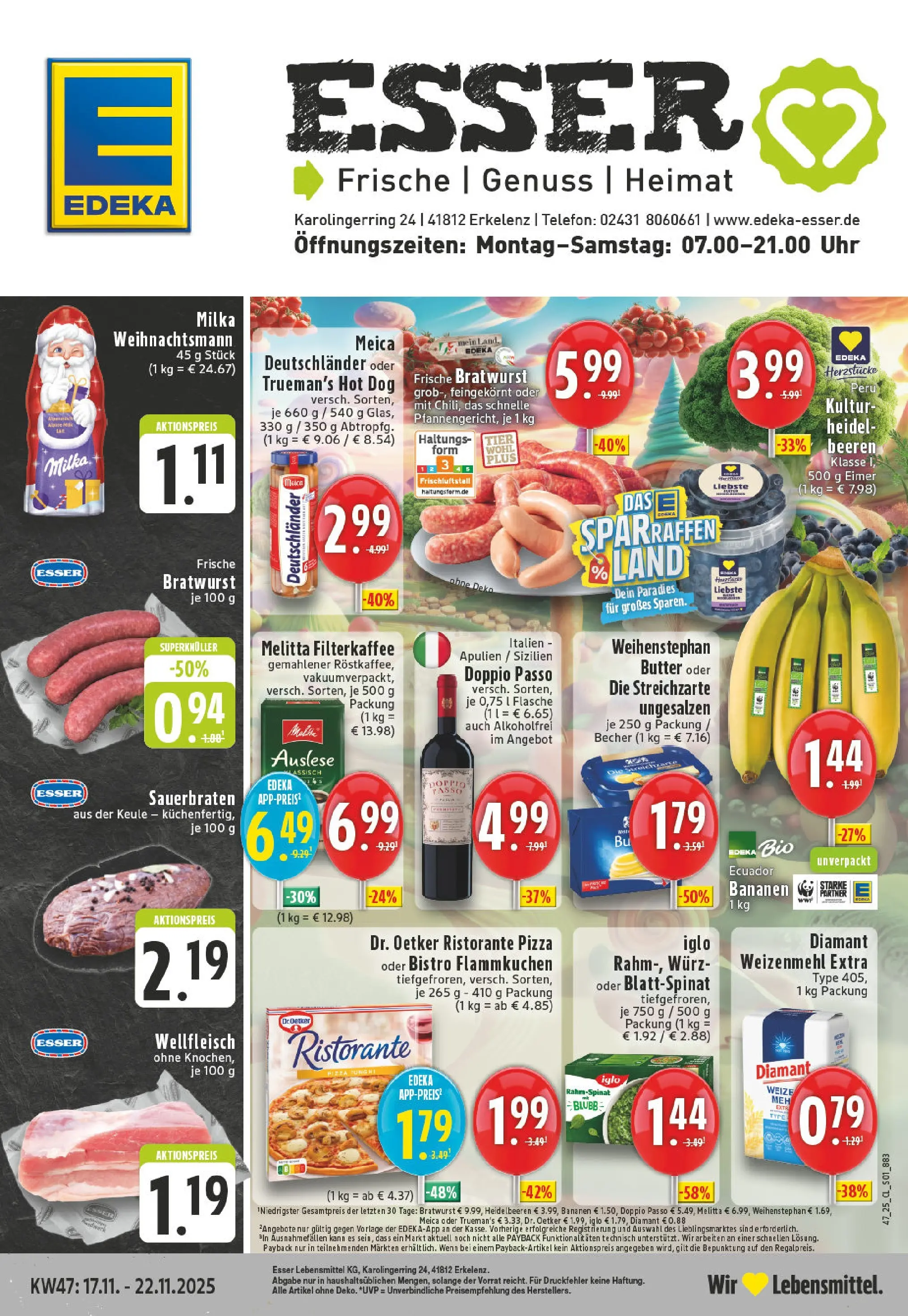 Edeka prospekt Erkelenz	 (ab 17.11.2025) » Angebote Online | Seite: 1 | Produkte: Bratwurst, Weihenstephan butter, Heidelbeeren, Uhr