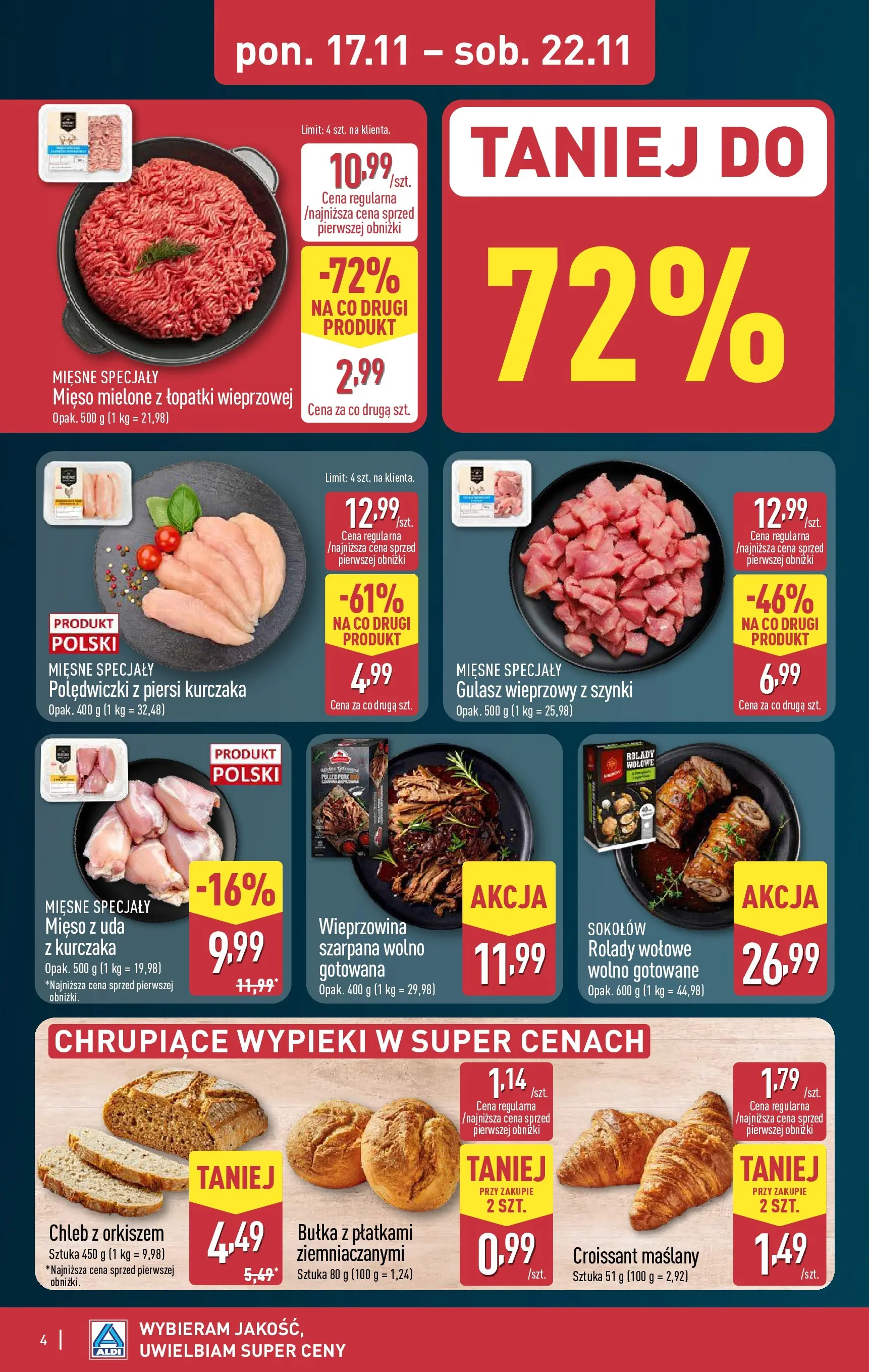 Aldi - Nie przegap tych okazji w ALDI od 16.11.2025 - Ulotka PDF, promocje | Strona: 4 | Produkty: Mięso, Bułka, Chleb, Wieprzowina
