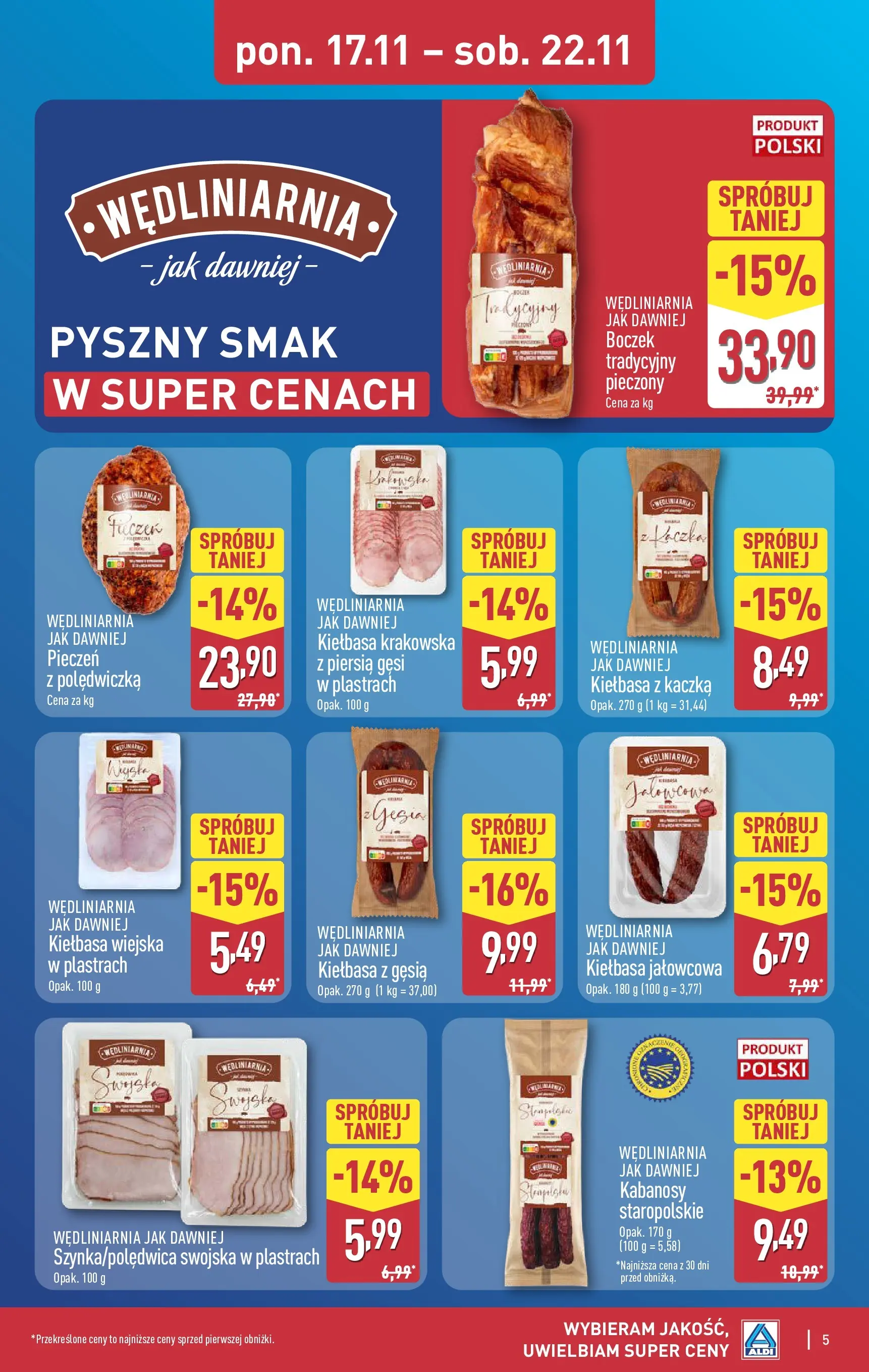 Aldi - Nie przegap tych okazji w ALDI od 16.11.2025 - Ulotka PDF, promocje | Strona: 5 | Produkty: Kiełbasa, Kaczka, Kiełbasa krakowska, Boczek