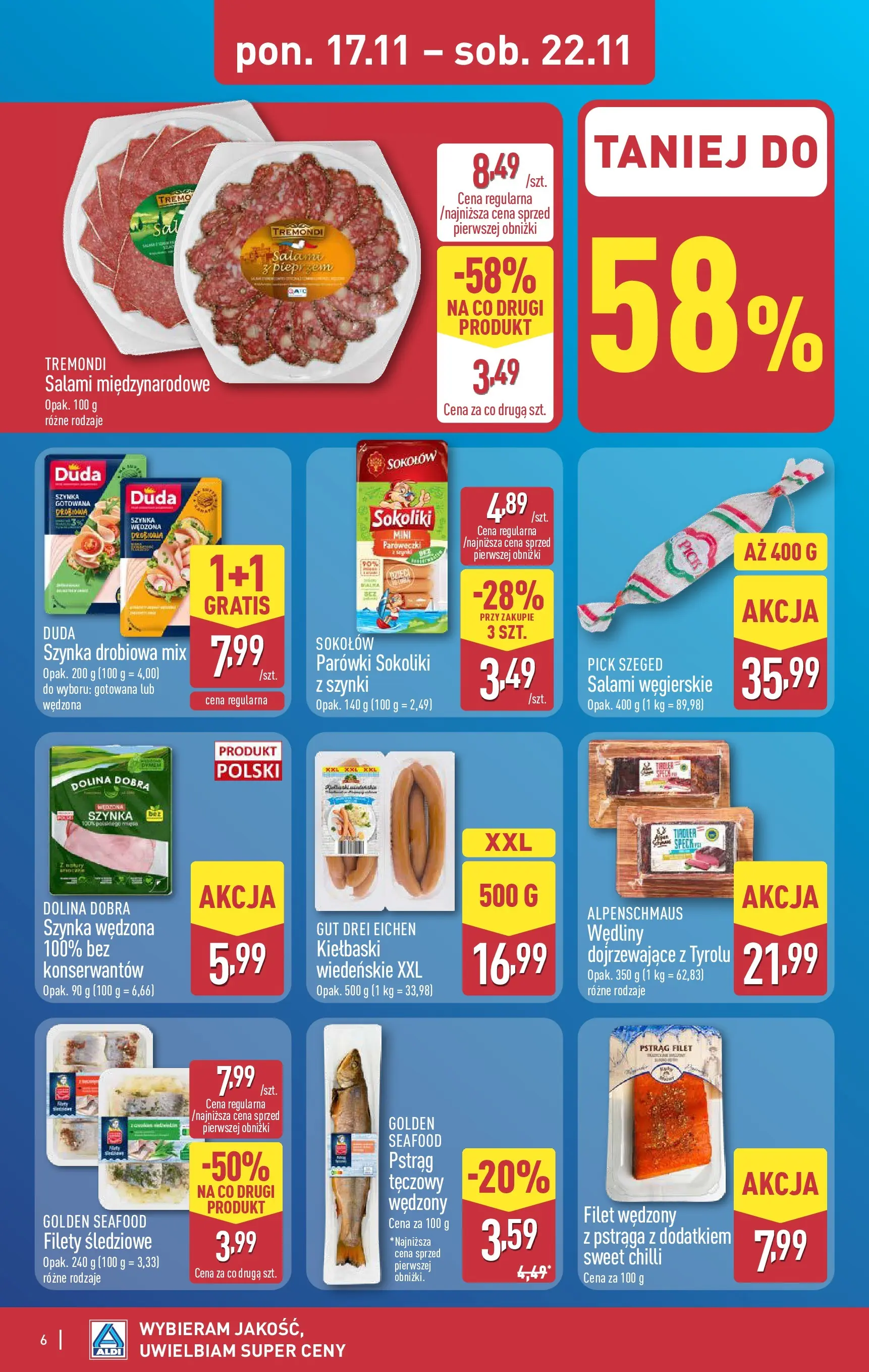 Aldi - Nie przegap tych okazji w ALDI od 16.11.2025 - Ulotka PDF, promocje | Strona: 6 | Produkty: Parówki sokoliki, Parówki, Szynka, Salami
