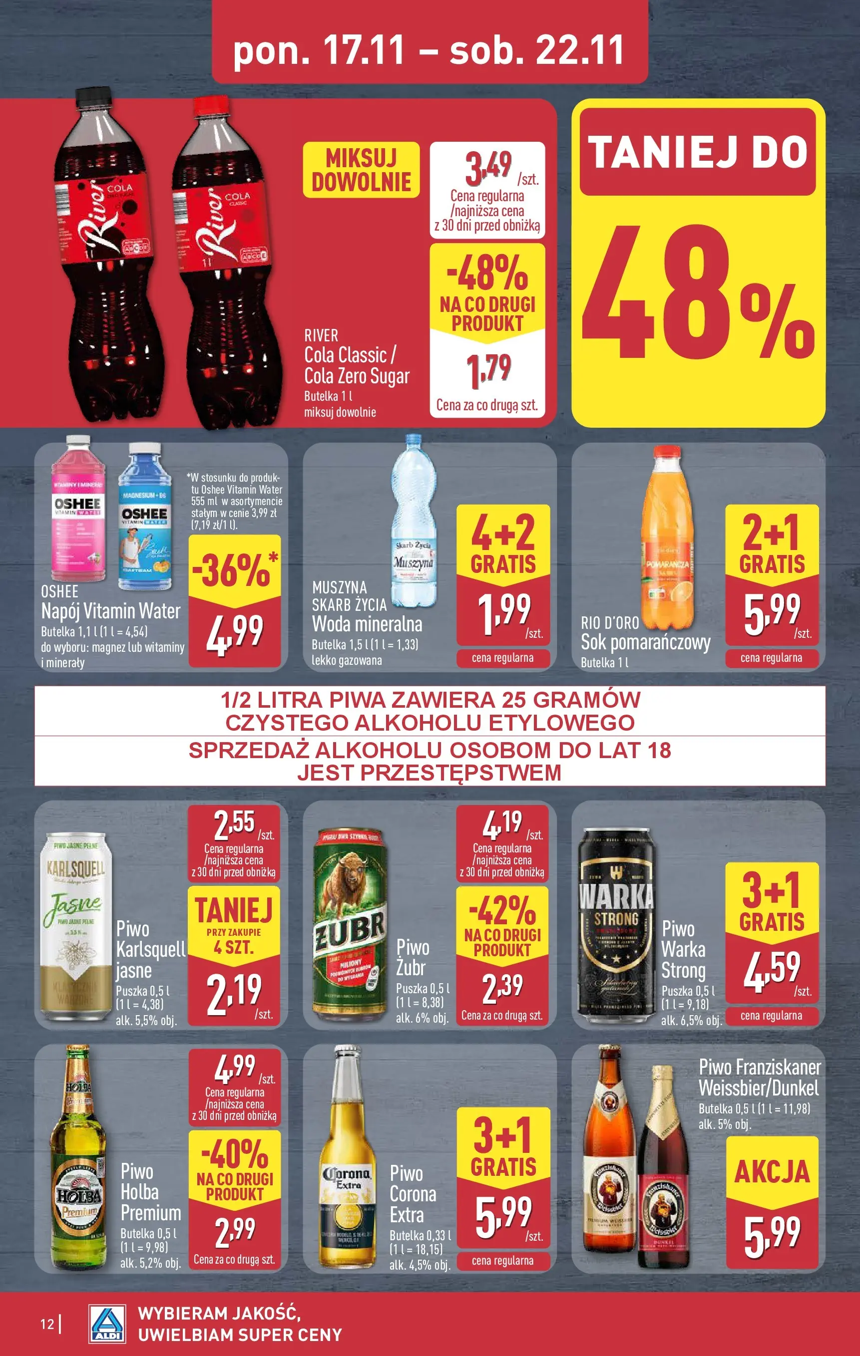 Aldi - Nie przegap tych okazji w ALDI od 16.11.2025 - Ulotka PDF, promocje | Strona: 12 | Produkty: Sok pomarańczowy, Warka, Sok, Woda