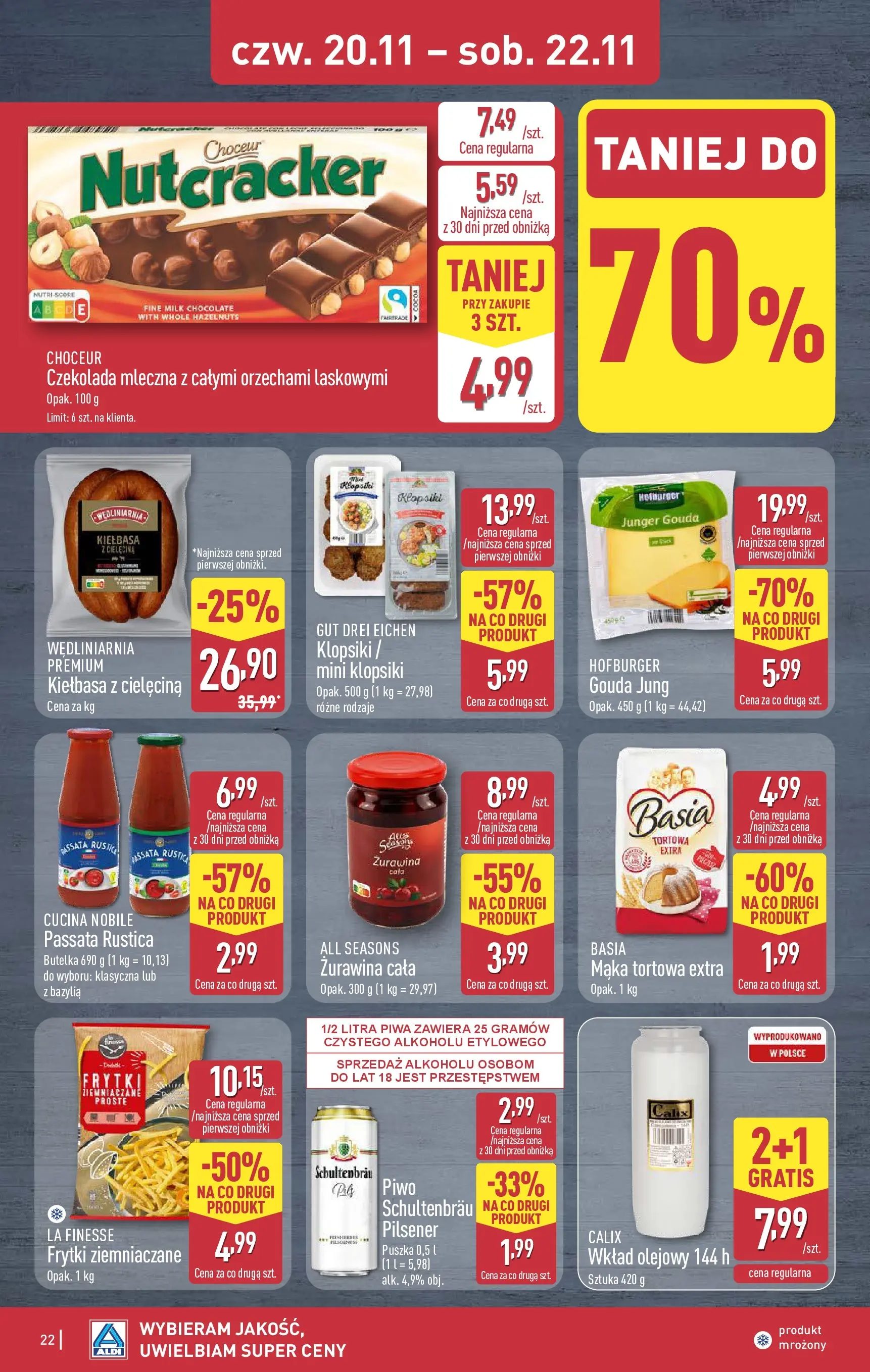 Aldi - Nie przegap tych okazji w ALDI od 16.11.2025 - Ulotka PDF, promocje | Strona: 22 | Produkty: Kiełbasa, Czekolada mleczna, Klopsiki, Frytki