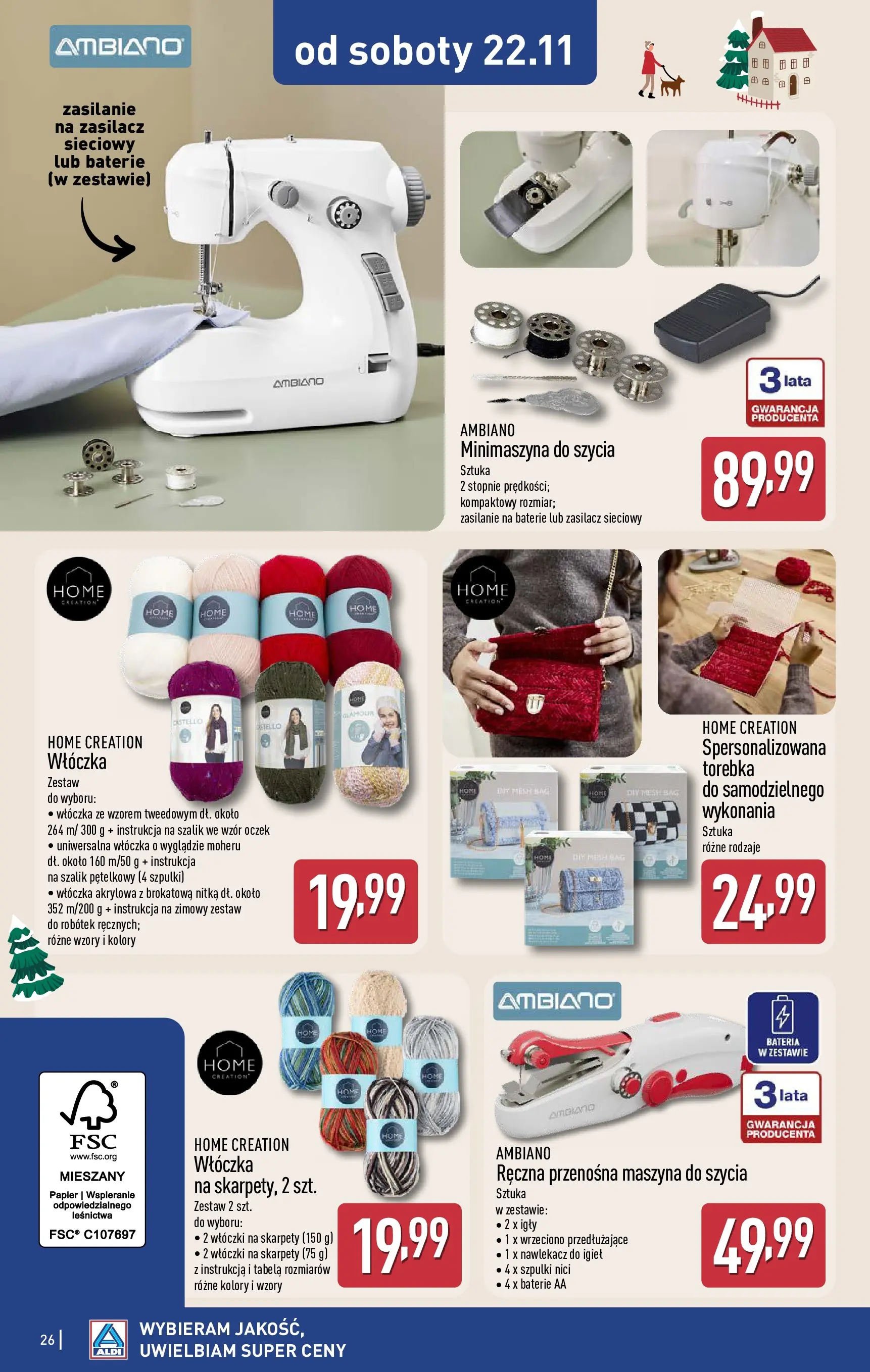 Aldi - Nie przegap tych okazji w ALDI od 16.11.2025 - Ulotka PDF, promocje | Strona: 26 | Produkty: Skarpety, Torebka, Szalik, Maszyna do szycia