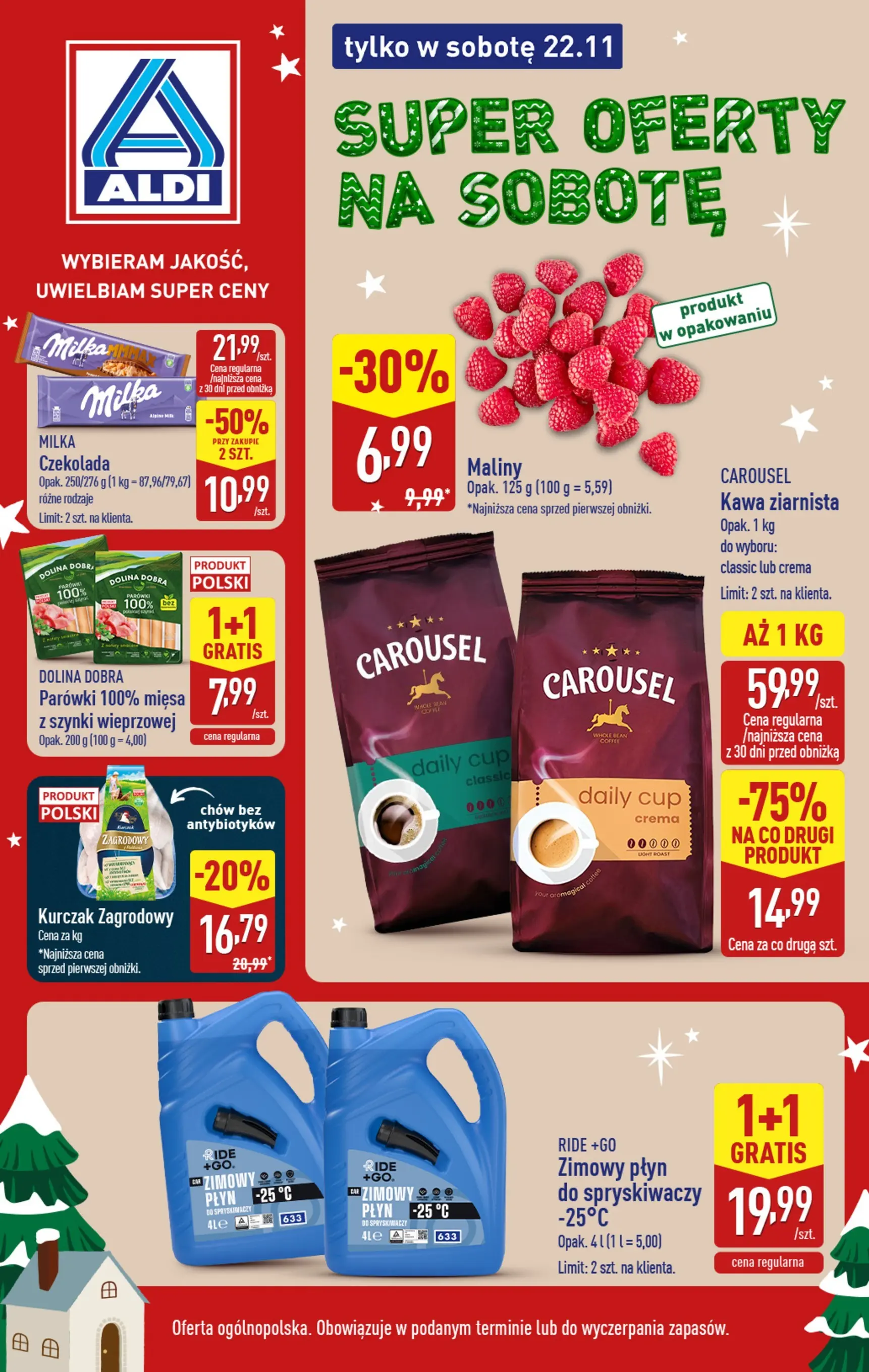 Aldi Gazetka - Tylko w sobotę od 22.11.2025 - Ulotka PDF, promocje | Strona: 1 | Produkty: Parówki, Milka, Kurczak zagrodowy, Kawa