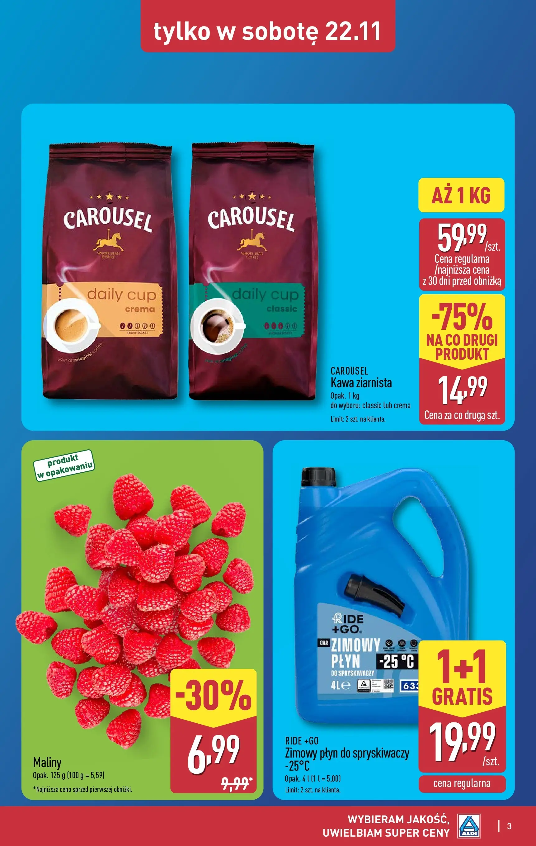 Aldi Gazetka - Okazje na weekend od 20.11.2025 - Ulotka PDF, promocje | Strona: 3 | Produkty: Maliny, Kawa ziarnista, Płyn do spryskiwaczy, Kawa