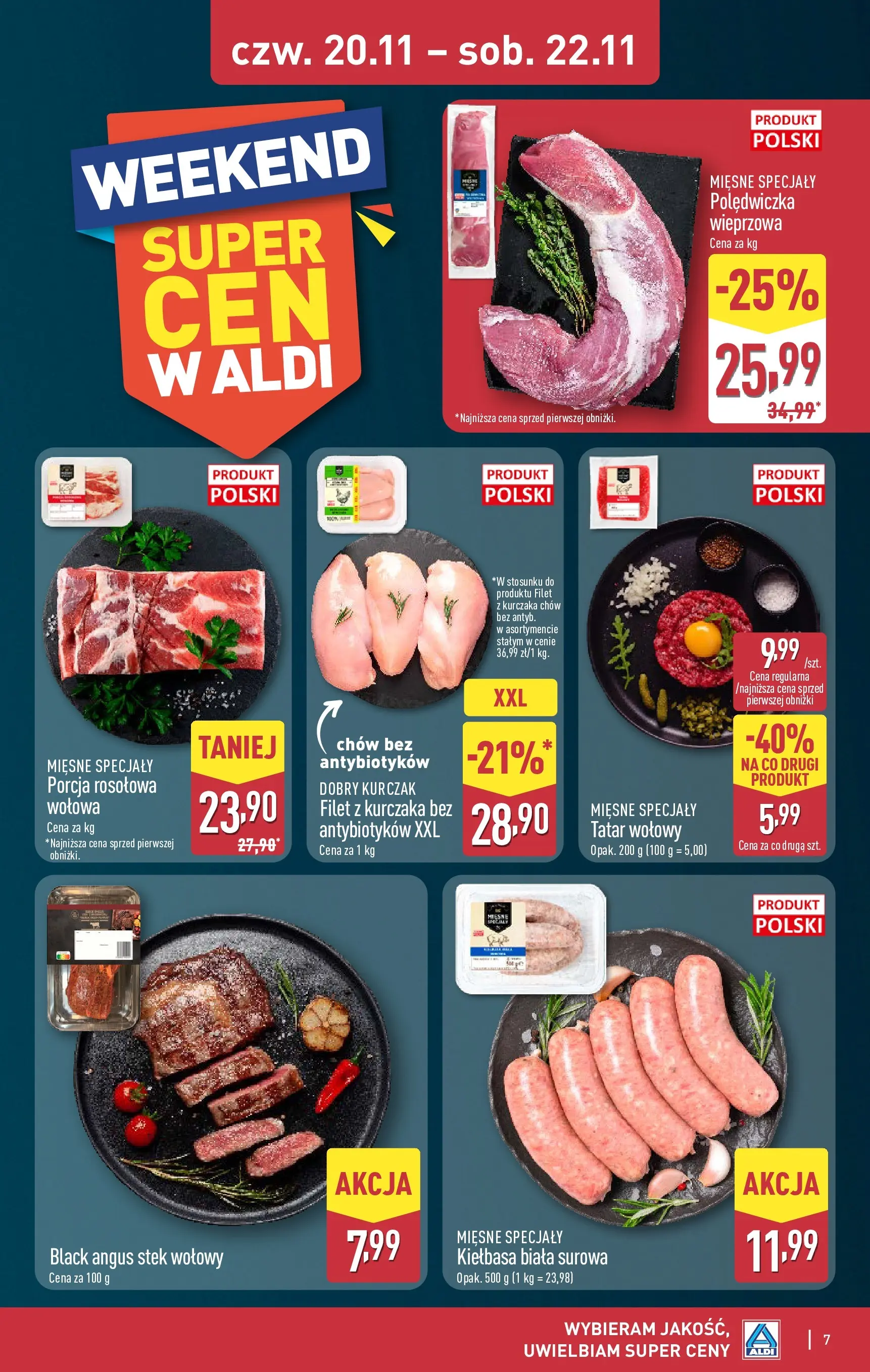 Aldi Gazetka - Okazje na weekend od 20.11.2025 - Ulotka PDF, promocje | Strona: 7 | Produkty: Kiełbasa, Kurczak, Tatar wołowy, Filet z kurczaka