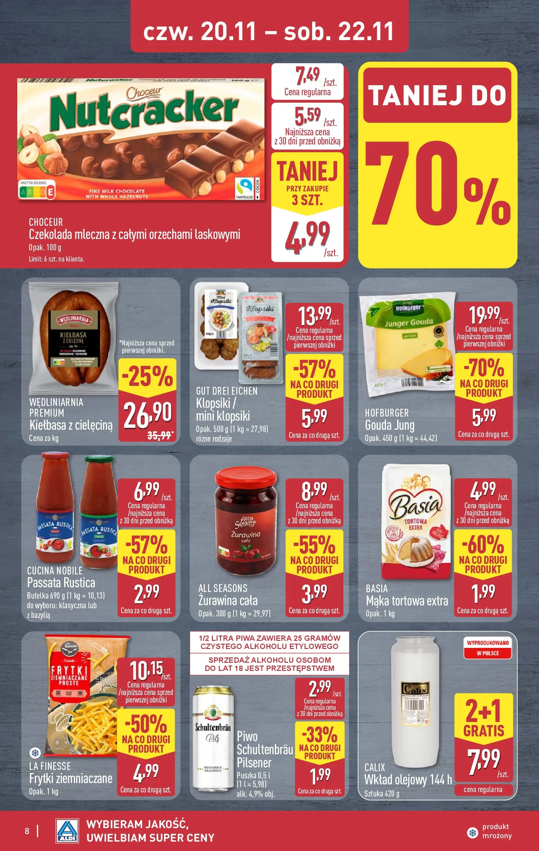 Aldi Gazetka - Okazje na weekend od 20.11.2025 - Ulotka PDF, promocje | Strona: 8 | Produkty: Kiełbasa, Klopsiki, Czekolada, Piwo