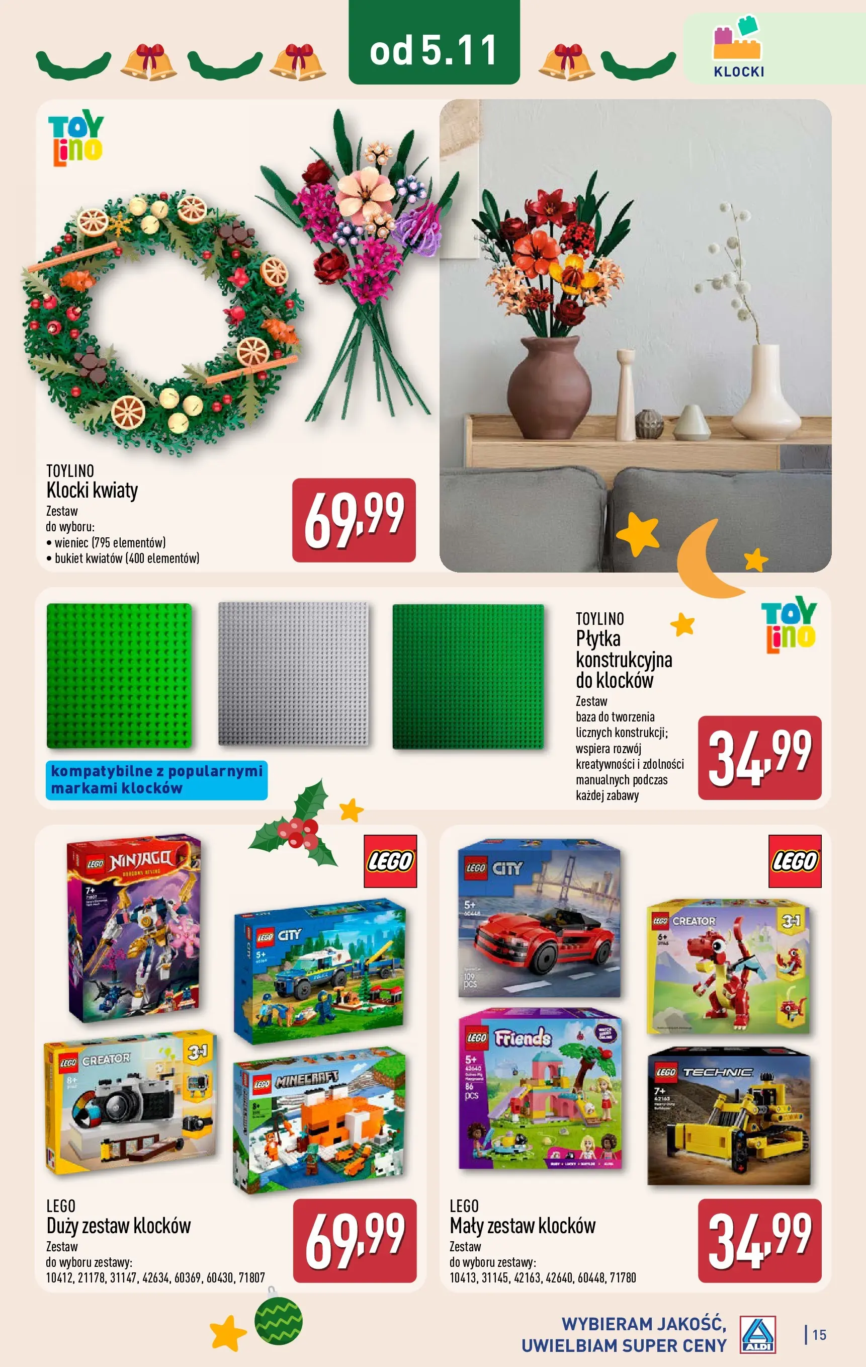 Aldi gazetka od 05.11.2025 | Boże Narodzenie 🎄🎁 | Strona: 15 | Produkty: Wieniec, Lego, Kwiaty