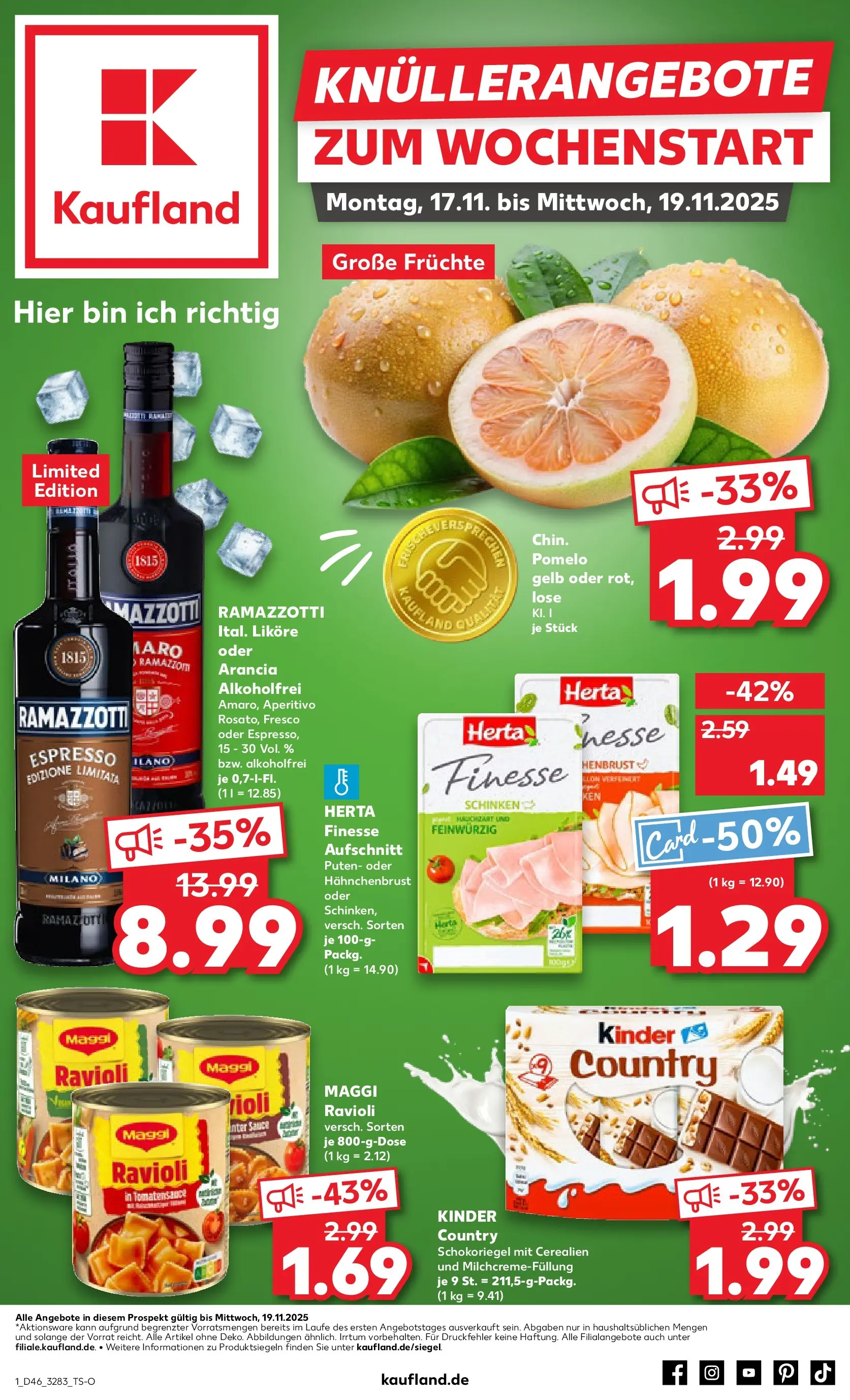 Prospekt Kaufland ab 17.11.2025 » Angebote Online zum Blättern | Seite: 1 | Produkte: Maggi, Schinken, Ramazzotti, Kinder country
