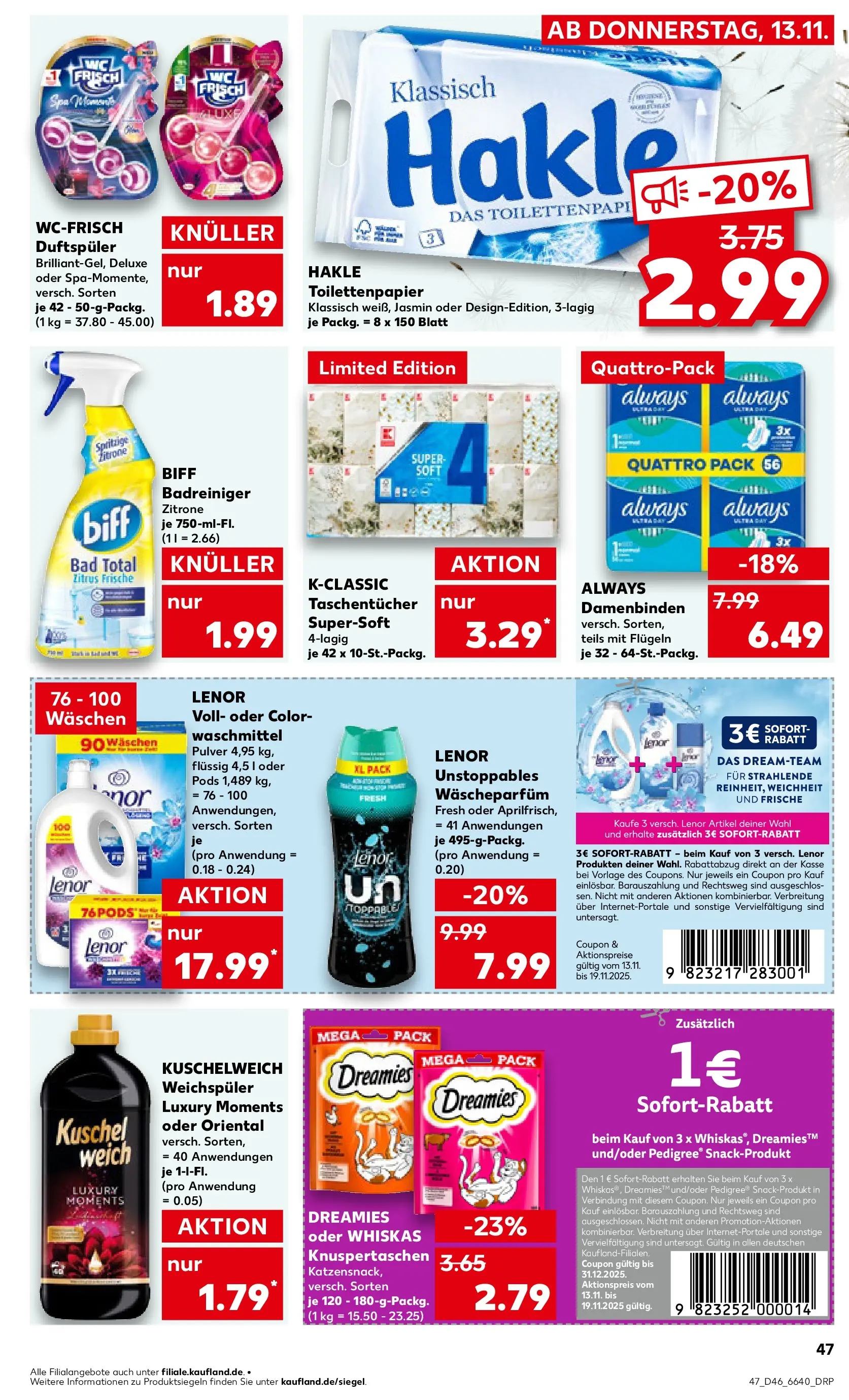 Prospekt Kaufland ab 16.11.2025 » Angebote Online zum Blättern | Seite: 47 | Produkte: Bad, Weichspüler, Waschmittel, Whiskas
