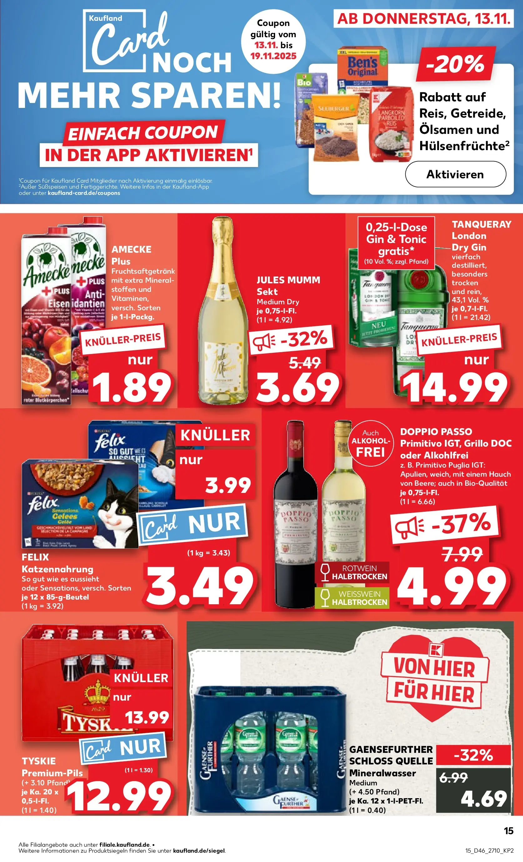 Prospekt Kaufland ab 17.11.2025 » Angebote Online zum Blättern | Seite: 15 | Produkte: Weißwein, Doppio passo primitivo, Jules mumm, Gin