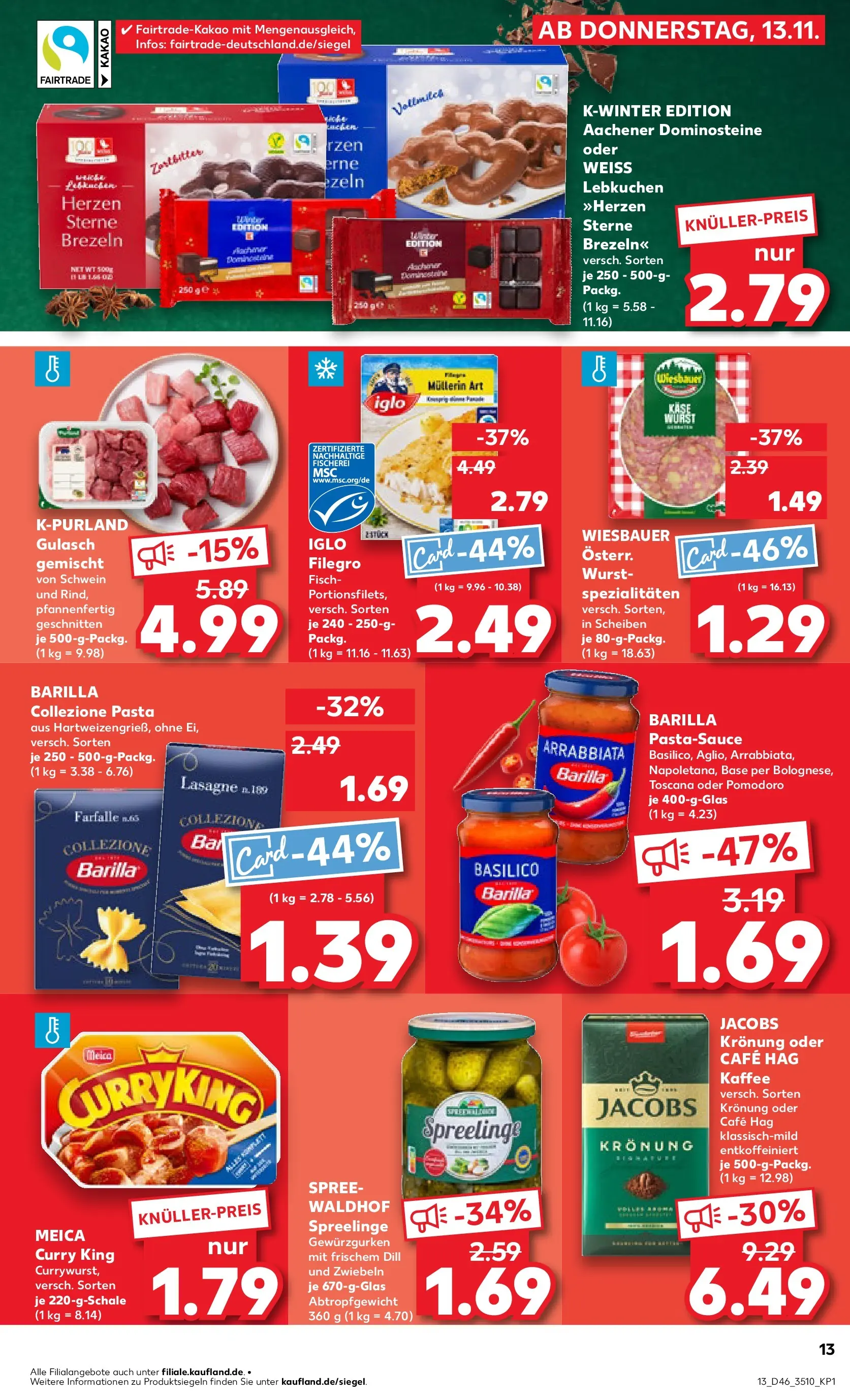 Prospekt Kaufland ab 17.11.2025 » Angebote Online zum Blättern | Seite: 13 | Produkte: Barilla, Kaffee, Iglo, Meica