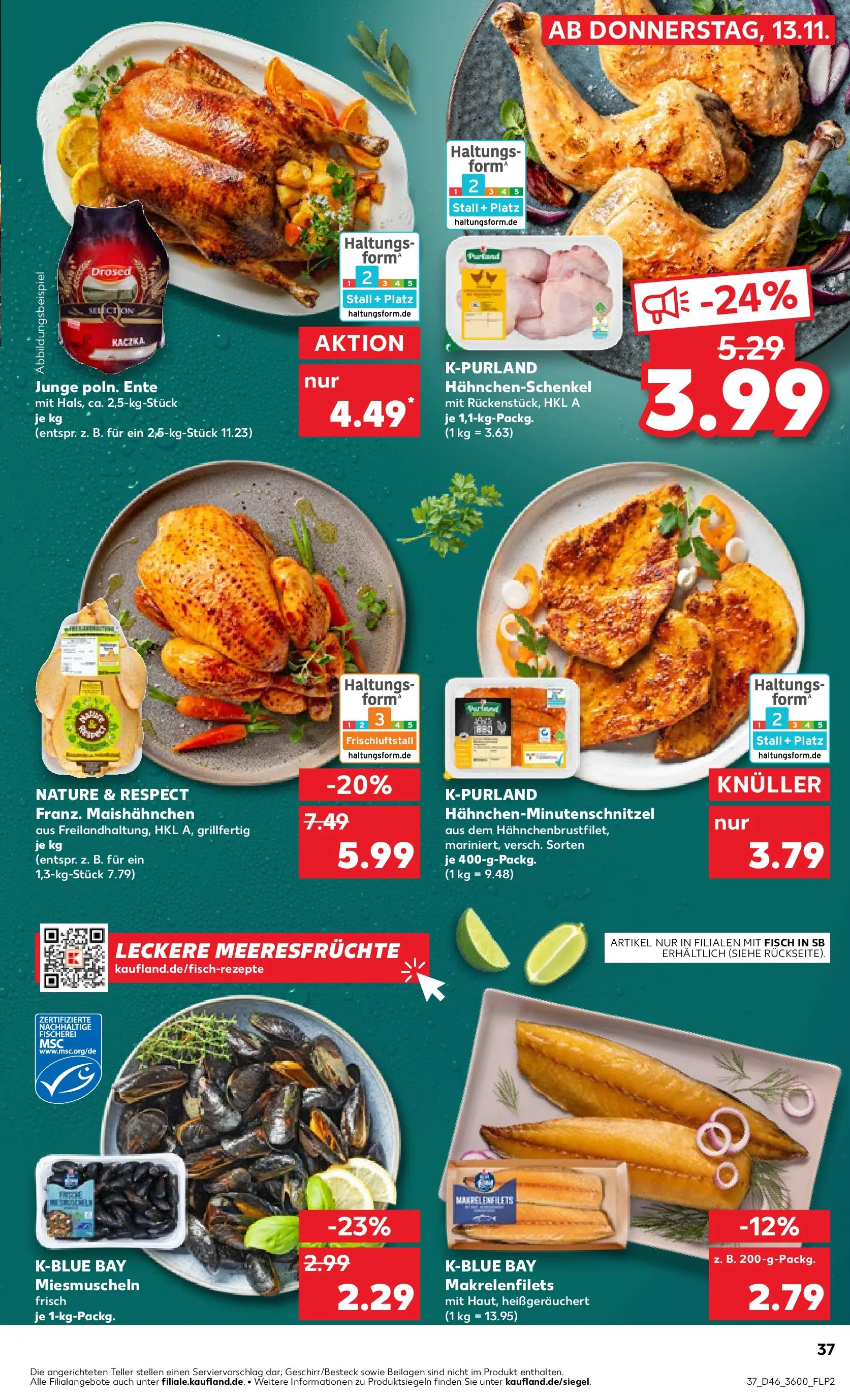 Prospekt Kaufland ab 16.11.2025 » Angebote Online zum Blättern | Seite: 37 | Produkte: Hahnchenschenkel, Fisch, Meeresfrüchte, Ente