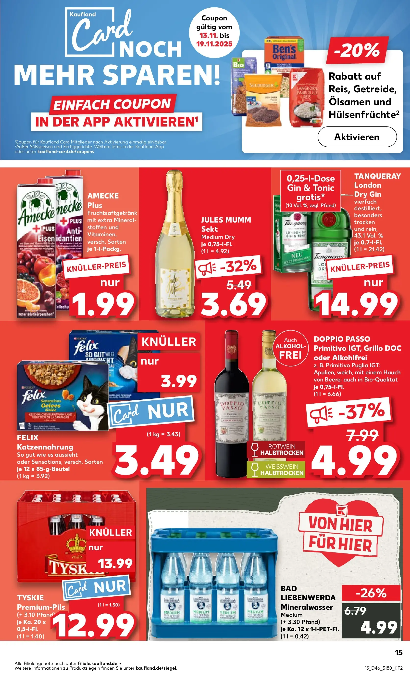 Prospekt Kaufland ab 16.11.2025 » Angebote Online zum Blättern | Seite: 15 | Produkte: Mumm sekt, Tyskie, Bad, Doppio passo primitivo