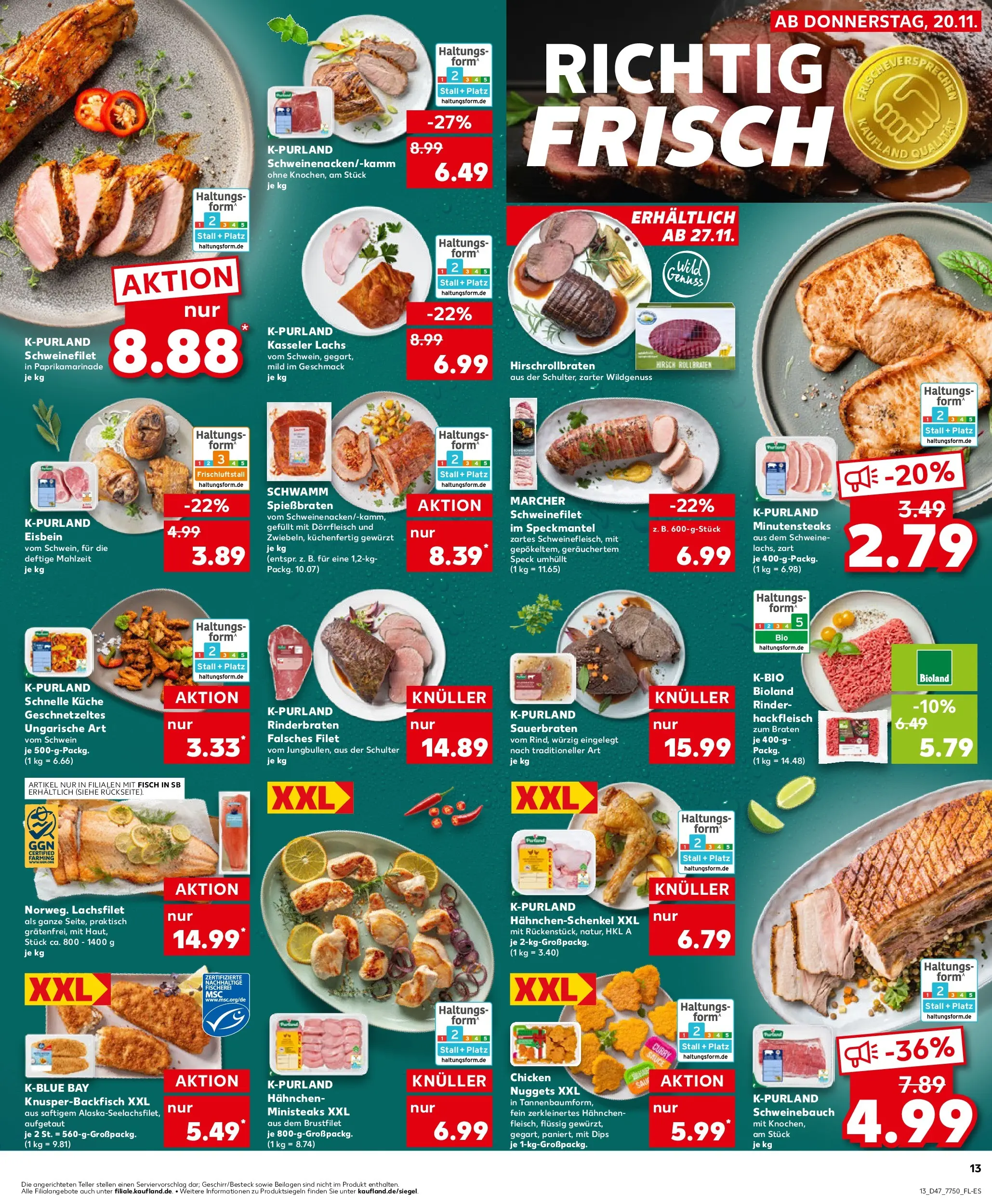 Prospekt Kaufland ab 20.11.2025 » Angebote Online zum Blättern | Seite: 13 | Produkte: Rinderbraten, Hahnchen, Hahnchenschenkel, Hackfleisch