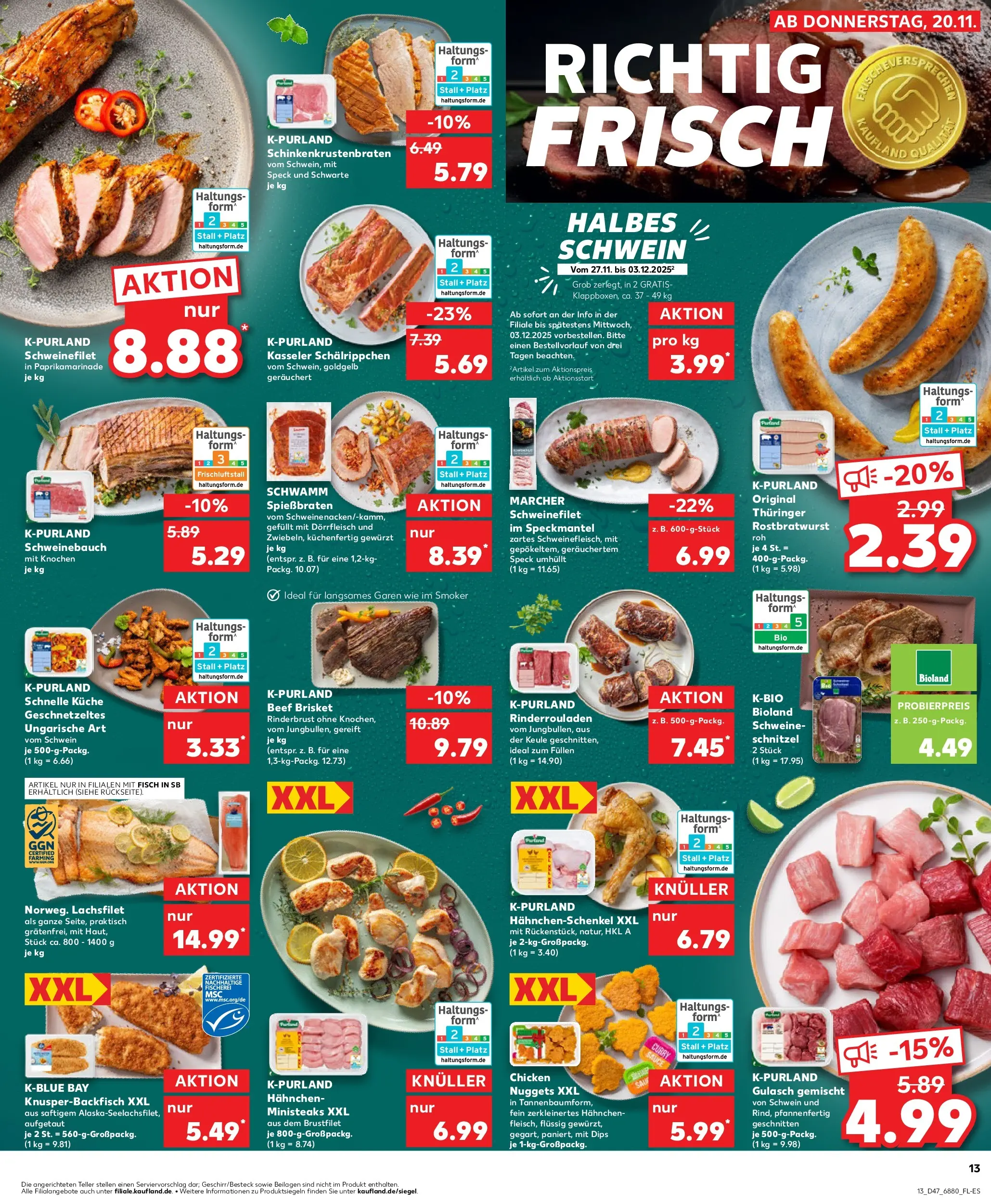 Prospekt Kaufland ab 20.11.2025 » Angebote Online zum Blättern | Seite: 13 | Produkte: Rinderrouladen, Hahnchen, Küche, Schweinefilet