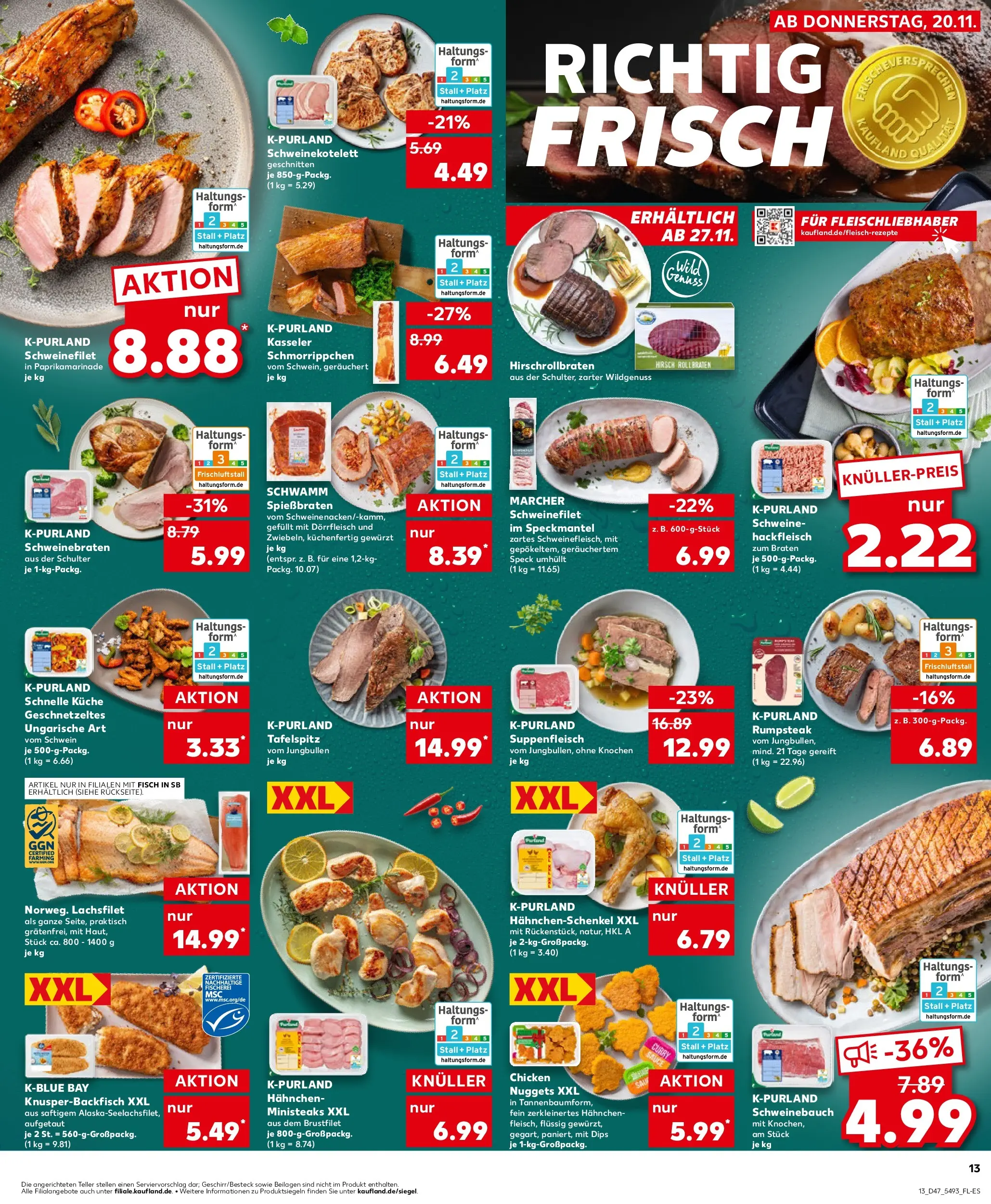 Prospekt Kaufland ab 20.11.2025 » Angebote Online zum Blättern | Seite: 13 | Produkte: Rumpsteak, Schweinebauch, Küche, Suppenfleisch