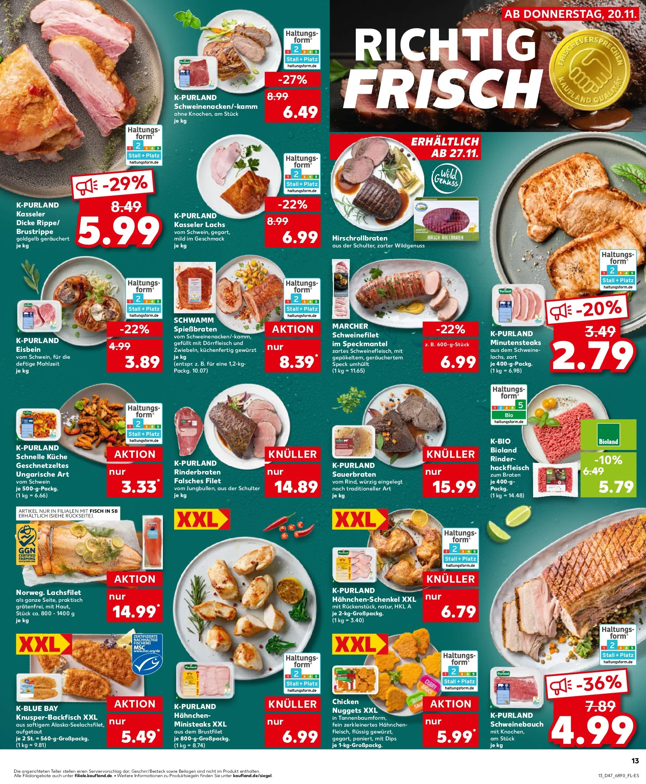 Prospekt Kaufland ab 19.11.2025 » Angebote Online zum Blättern | Seite: 13 | Produkte: Hahnchenschenkel, Küche, Schweinefilet, Lachs