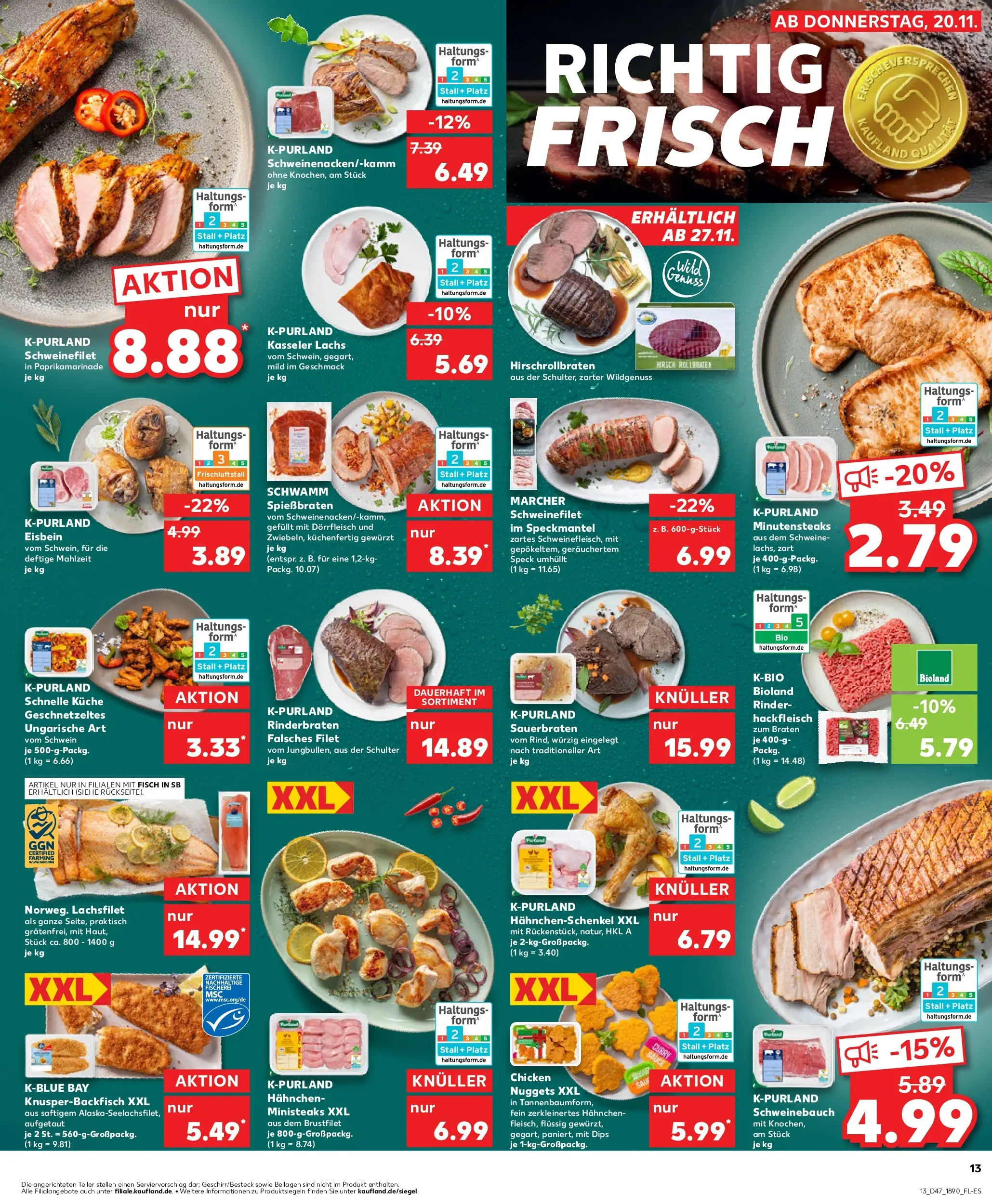 Prospekt Kaufland ab 20.11.2025 » Angebote Online zum Blättern | Seite: 13 | Produkte: Hahnchen, Schweinebauch, Fisch, Hackfleisch