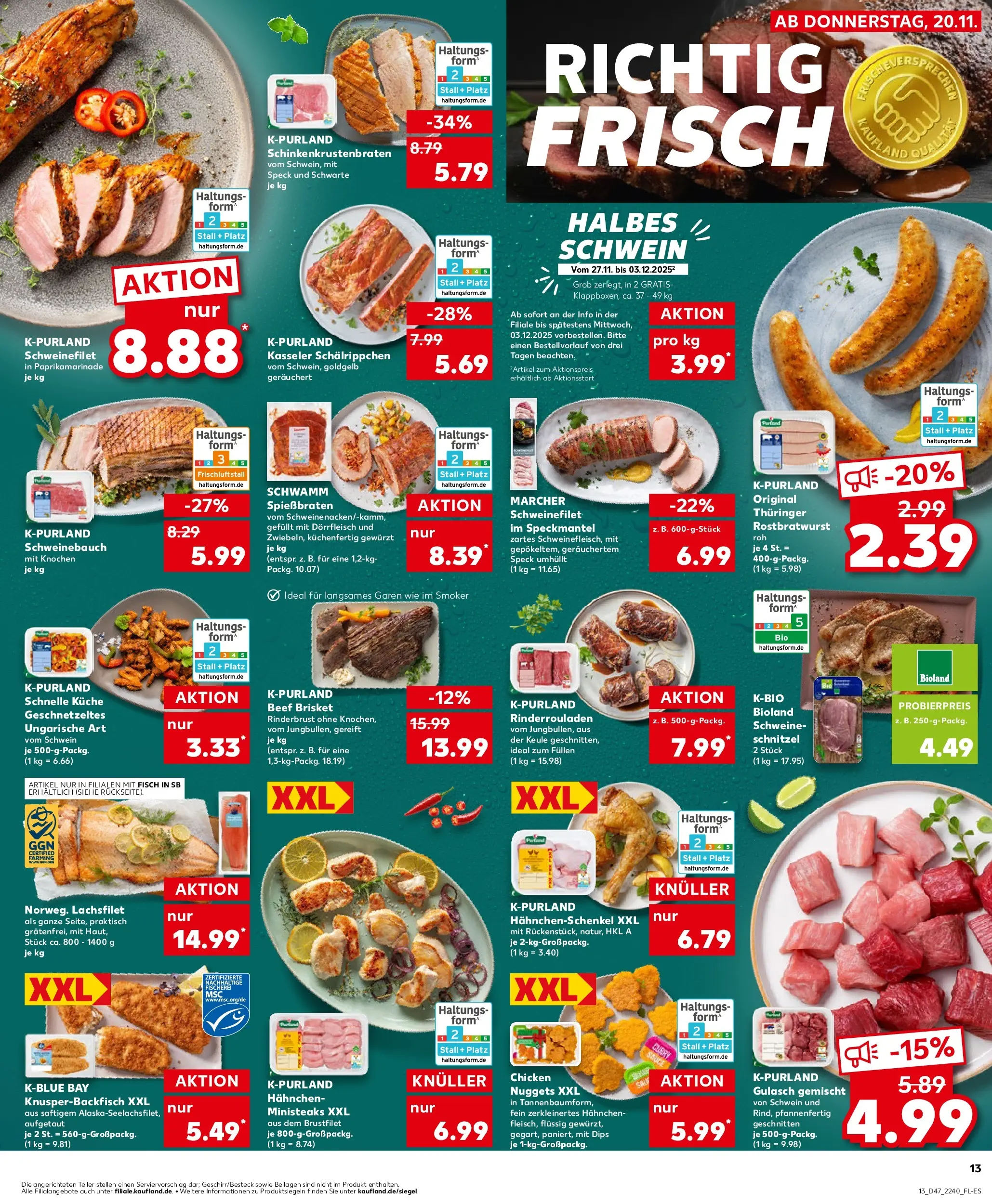 Prospekt Kaufland ab 20.11.2025 » Angebote Online zum Blättern | Seite: 13 | Produkte: Rinderrouladen, Hahnchen, Schweinebauch, Schweinefilet
