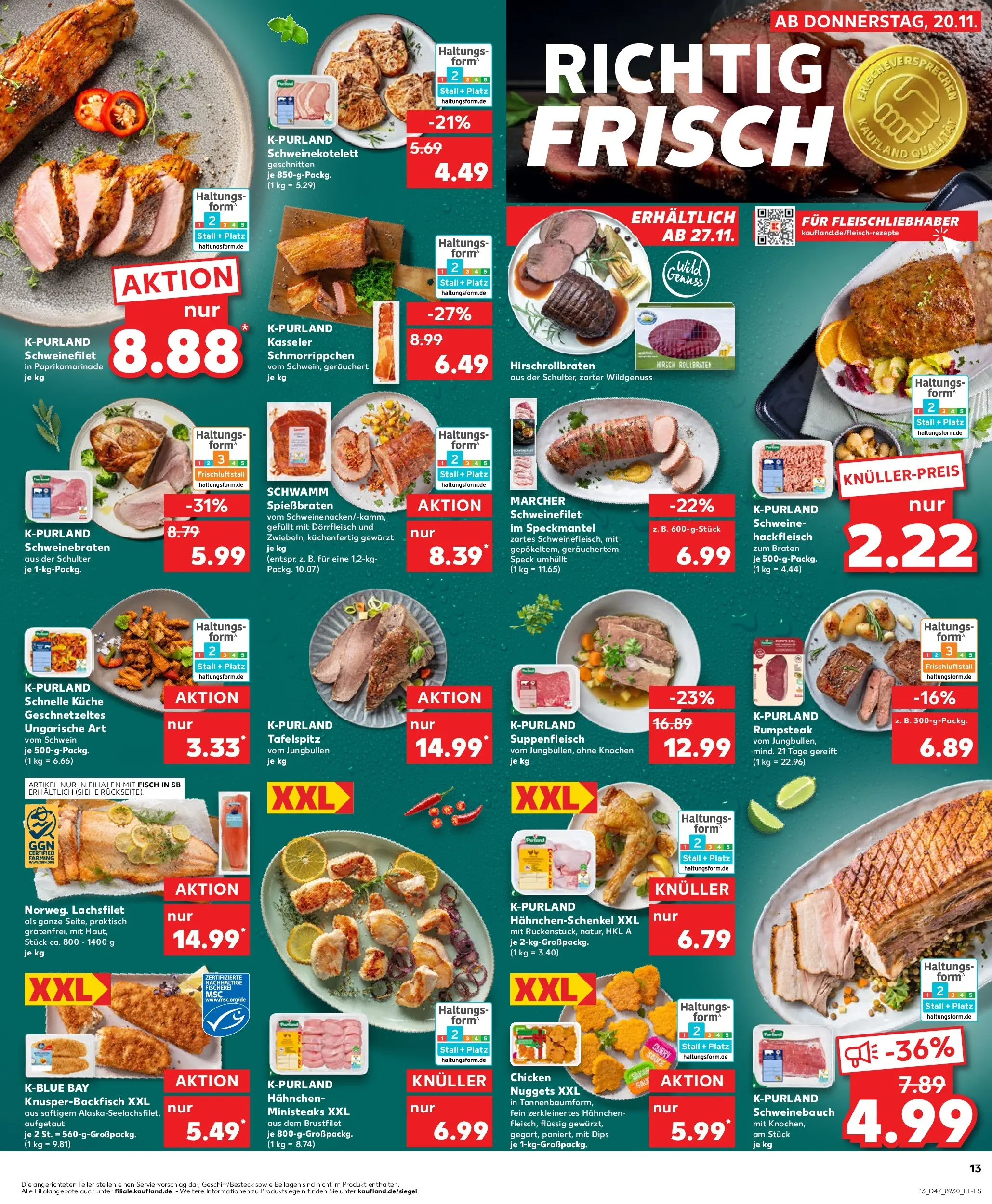 Prospekt Kaufland ab 20.11.2025 » Angebote Online zum Blättern | Seite: 13 | Produkte: Rumpsteak, Hahnchenschenkel, Schweinefilet, Hackfleisch
