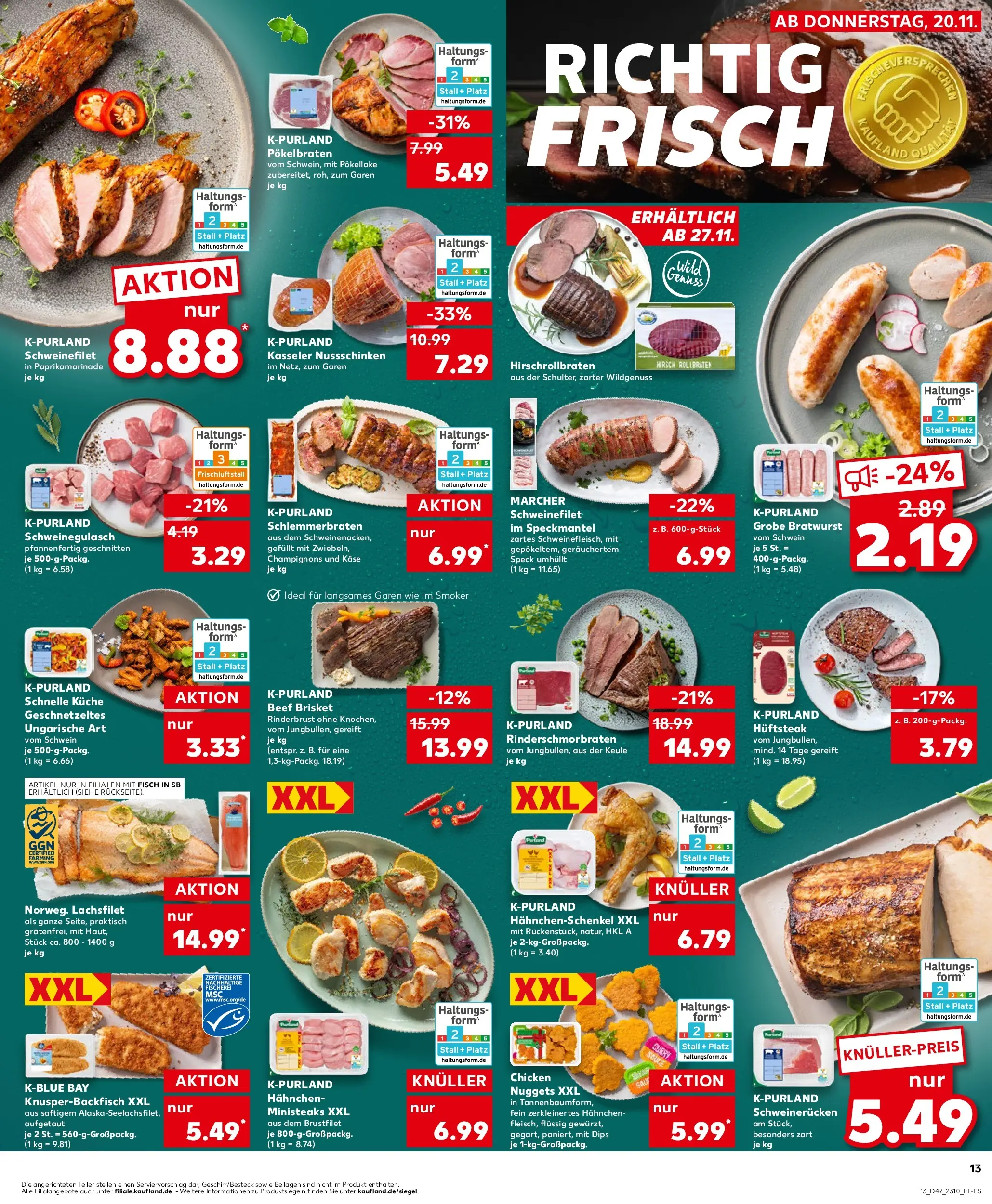 Prospekt Kaufland ab 20.11.2025 » Angebote Online zum Blättern | Seite: 13 | Produkte: Schweinegulasch, Hahnchenschenkel, Fisch, Schweinerucken