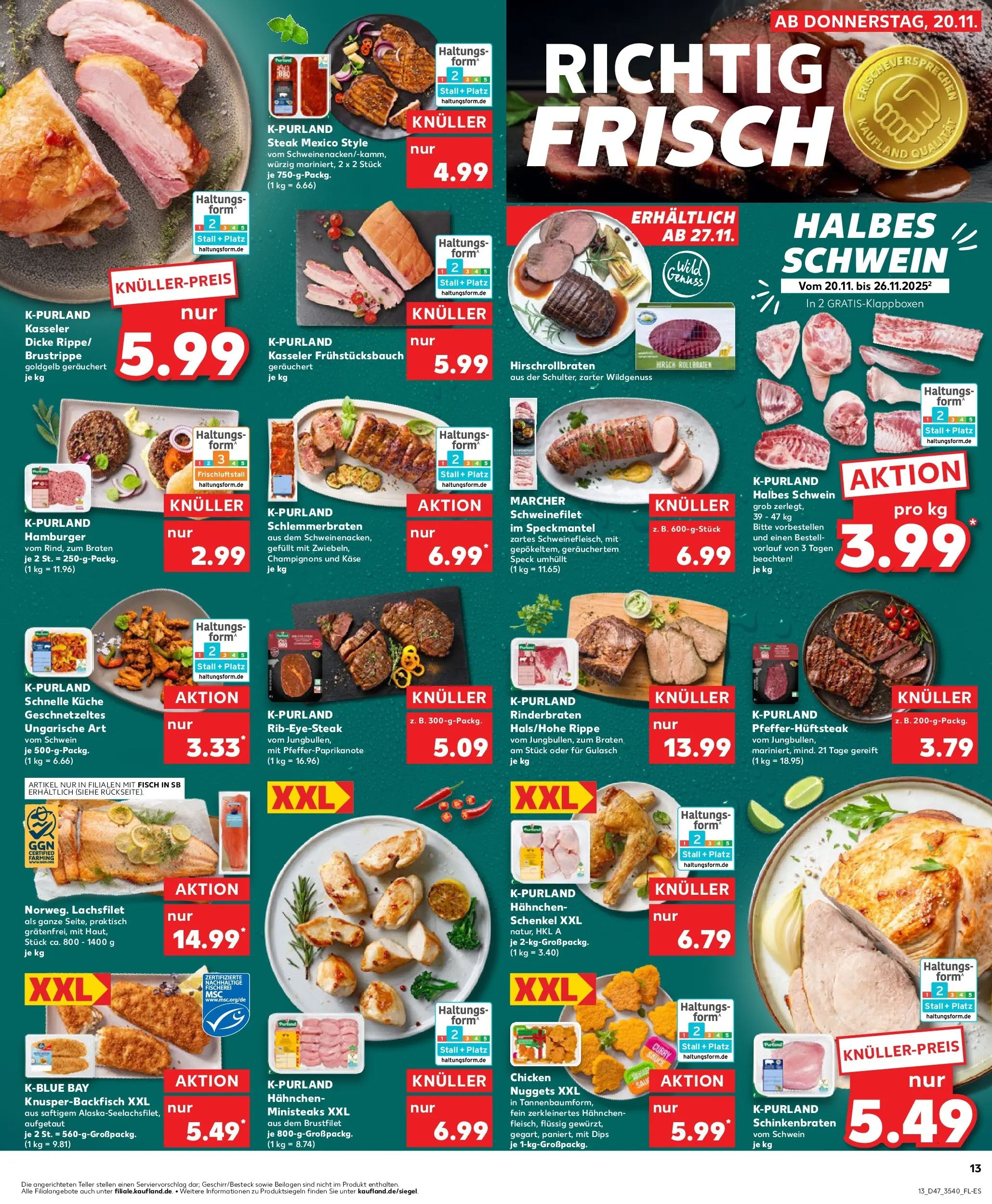 Prospekt Kaufland ab 19.11.2025 » Angebote Online zum Blättern | Seite: 13 | Produkte: Hahnchen, Küche, Schweinefilet, Fisch