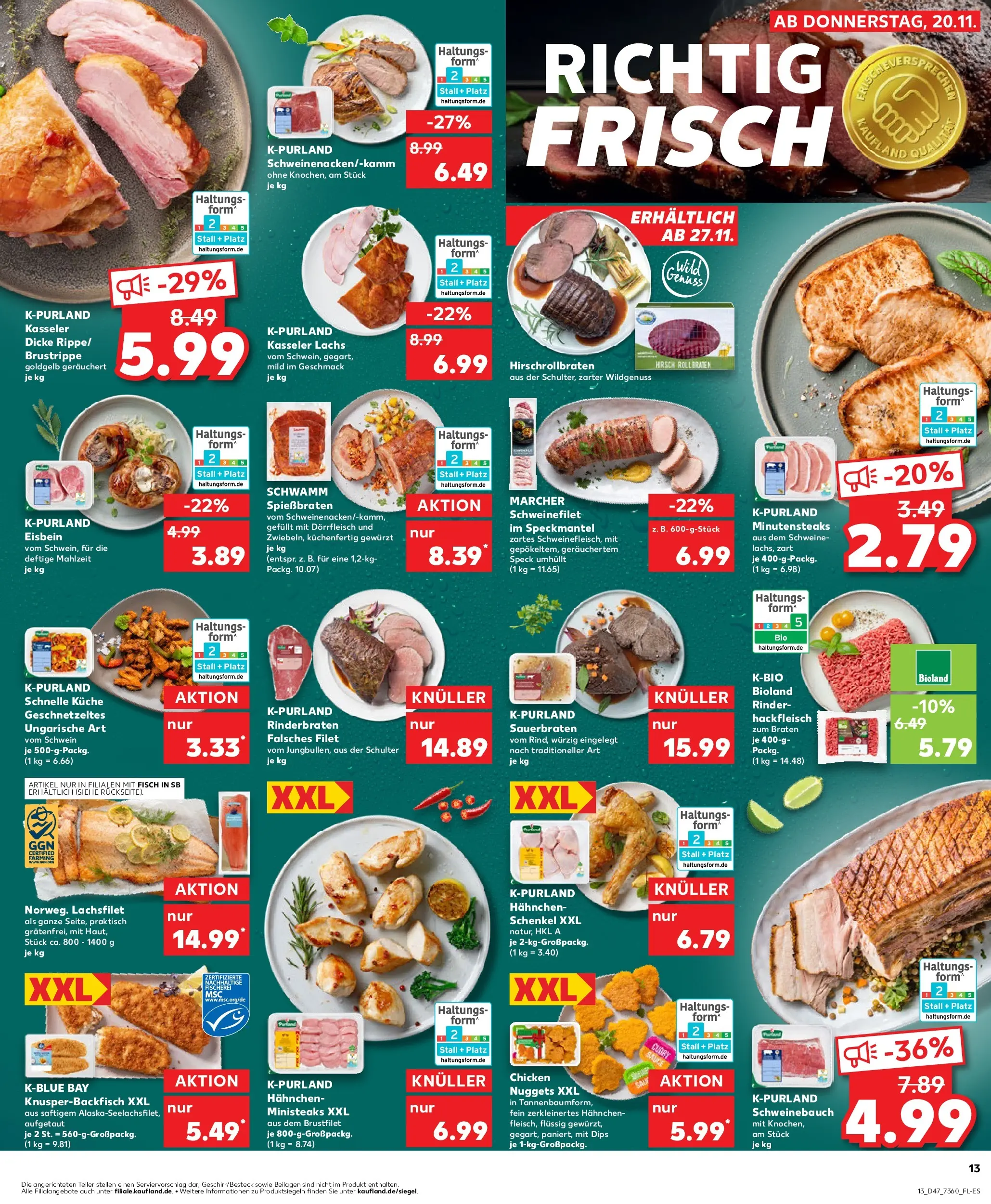 Prospekt Kaufland ab 20.11.2025 » Angebote Online zum Blättern | Seite: 13 | Produkte: Rinderbraten, Schweinebauch, Lachs, Steak