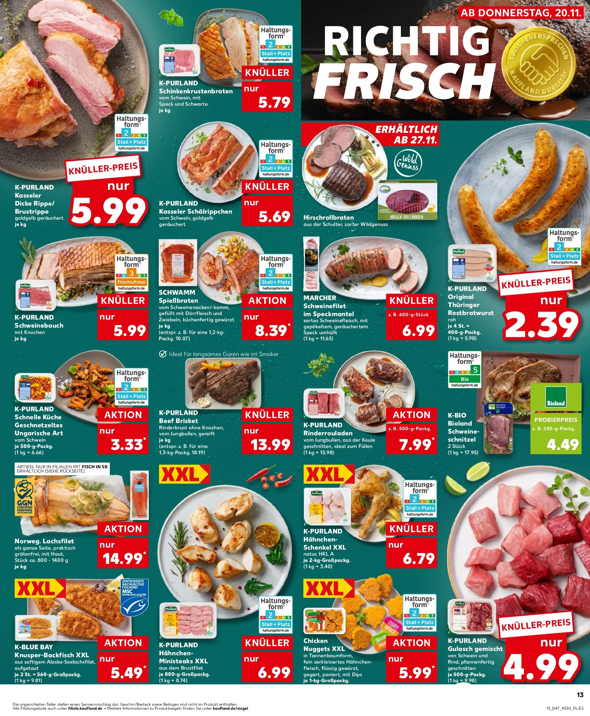 Prospekt Kaufland ab 19.11.2025 » Angebote Online zum Blättern | Seite: 13 | Produkte: Rinderrouladen, Hahnchen, Schweinebauch, Fisch