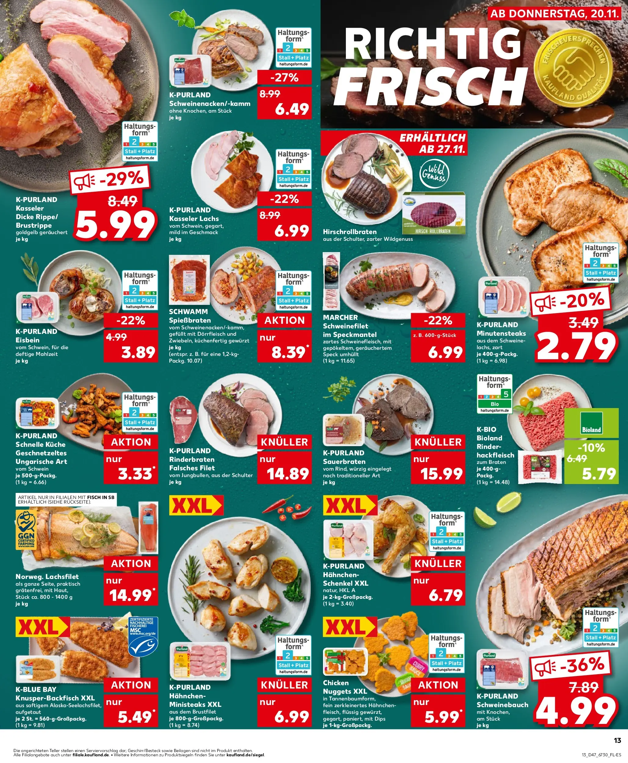 Prospekt Kaufland ab 19.11.2025 » Angebote Online zum Blättern | Seite: 13 | Produkte: Rinderbraten, Schweinefilet, Lachs, Hackfleisch