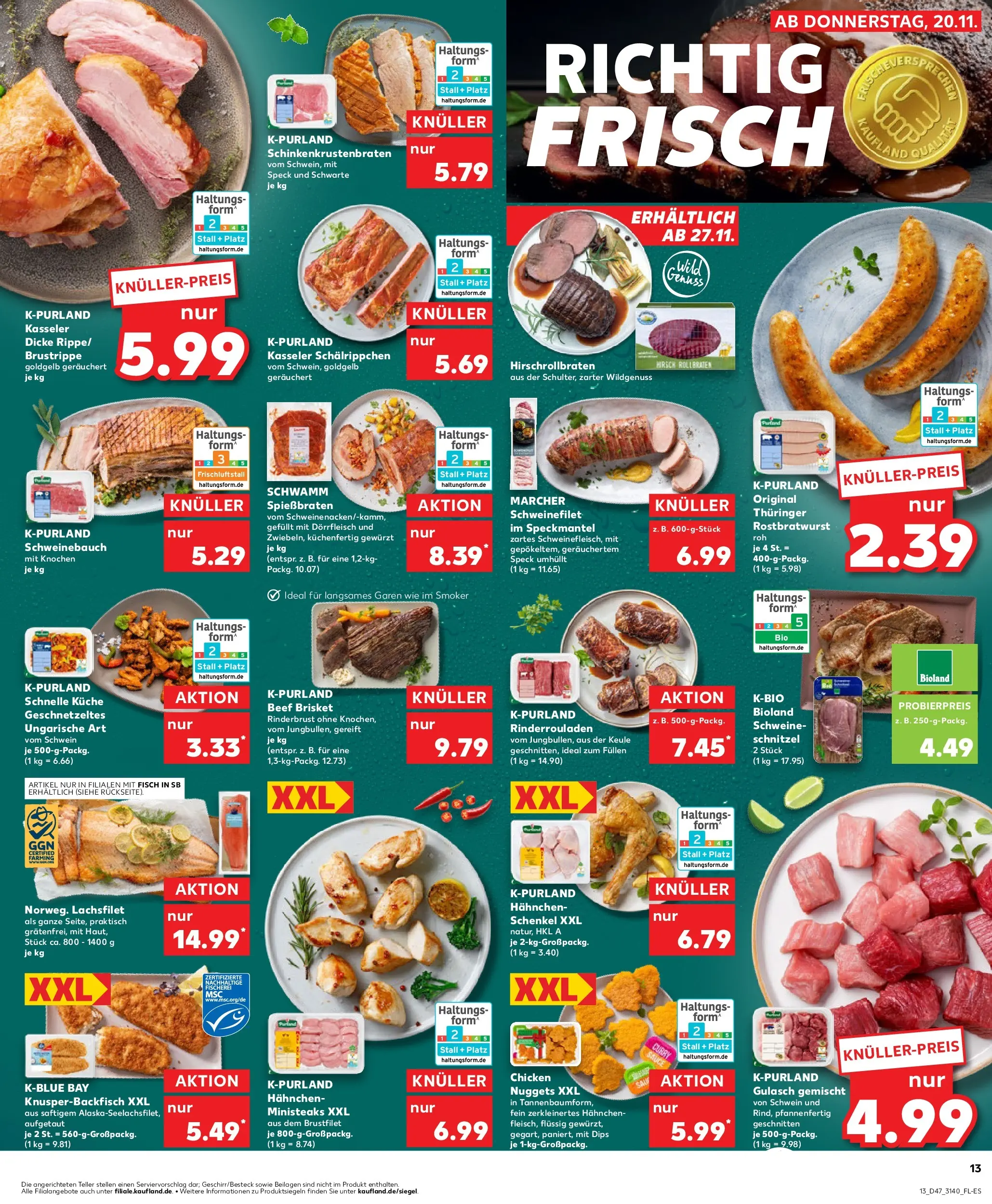 Prospekt Kaufland ab 19.11.2025 » Angebote Online zum Blättern | Seite: 13 | Produkte: Rinderrouladen, Hahnchen, Schweinebauch, Schweinefilet