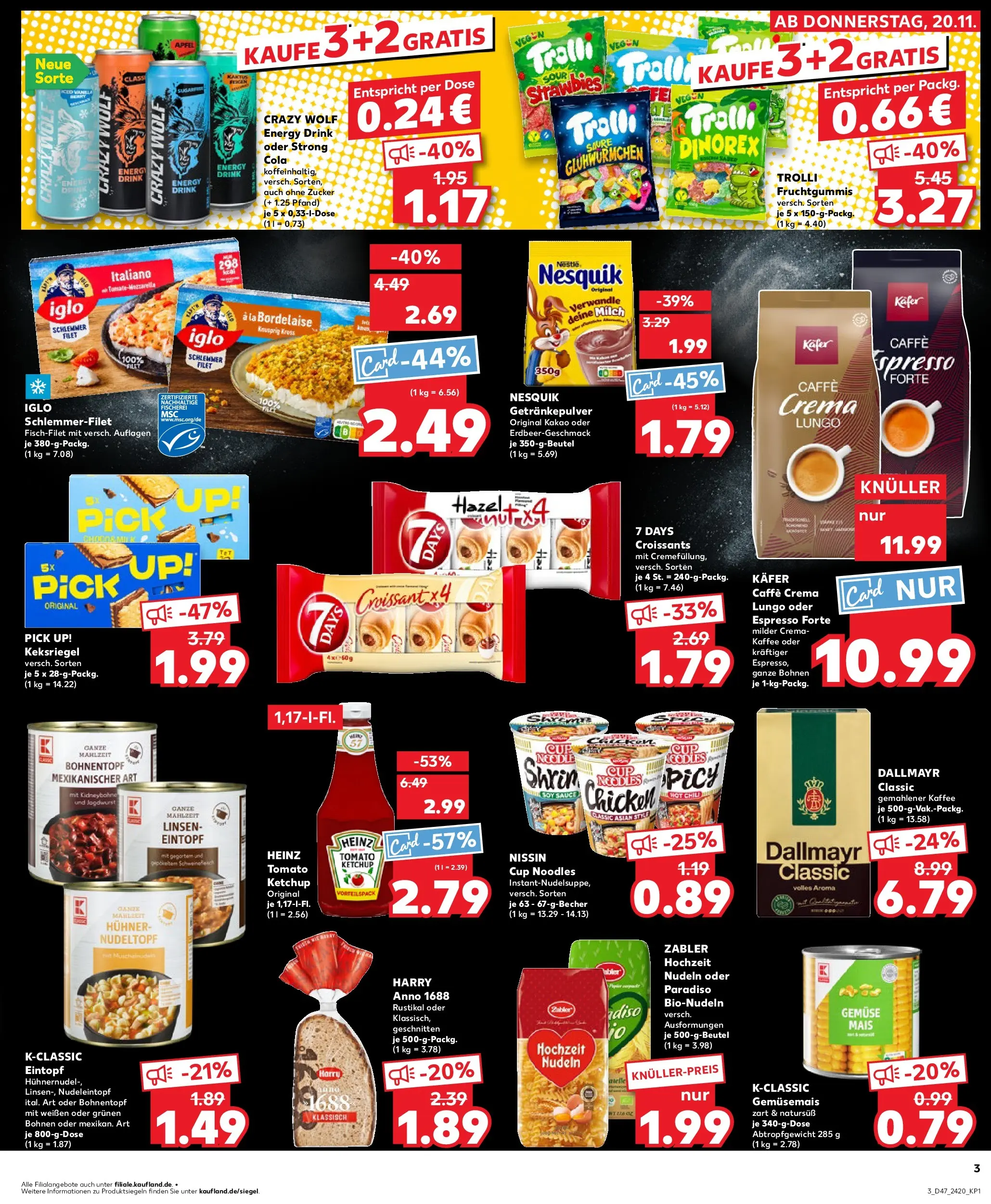 Prospekt Kaufland ab 20.11.2025 » Angebote Online zum Blättern | Seite: 3 | Produkte: Nesquik, Cola, Milch, Nudeln