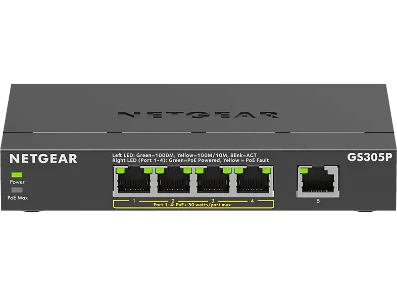 NETGEar Switch GS305Pv3, Gigabit, 5x RJ-45, 55W PoE+, V3, Unmanaged, Schwarz