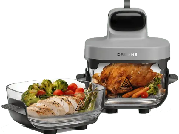 Dreame Tasti™ Mobile Glas Heißluftfritteuse, Zwei-Behälter-Konfiguration (2.5 L + 4.5 L), 1500 Watt, Grau
