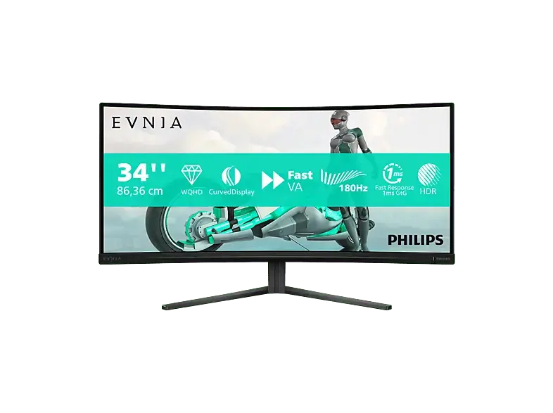 PHILIPS 34M2C3500L/00 34 Zoll Curved Gaming Monitor, WQHD, 1 ms Reaktionszeit, 300 cd/m², 180 Hz, Schwarz