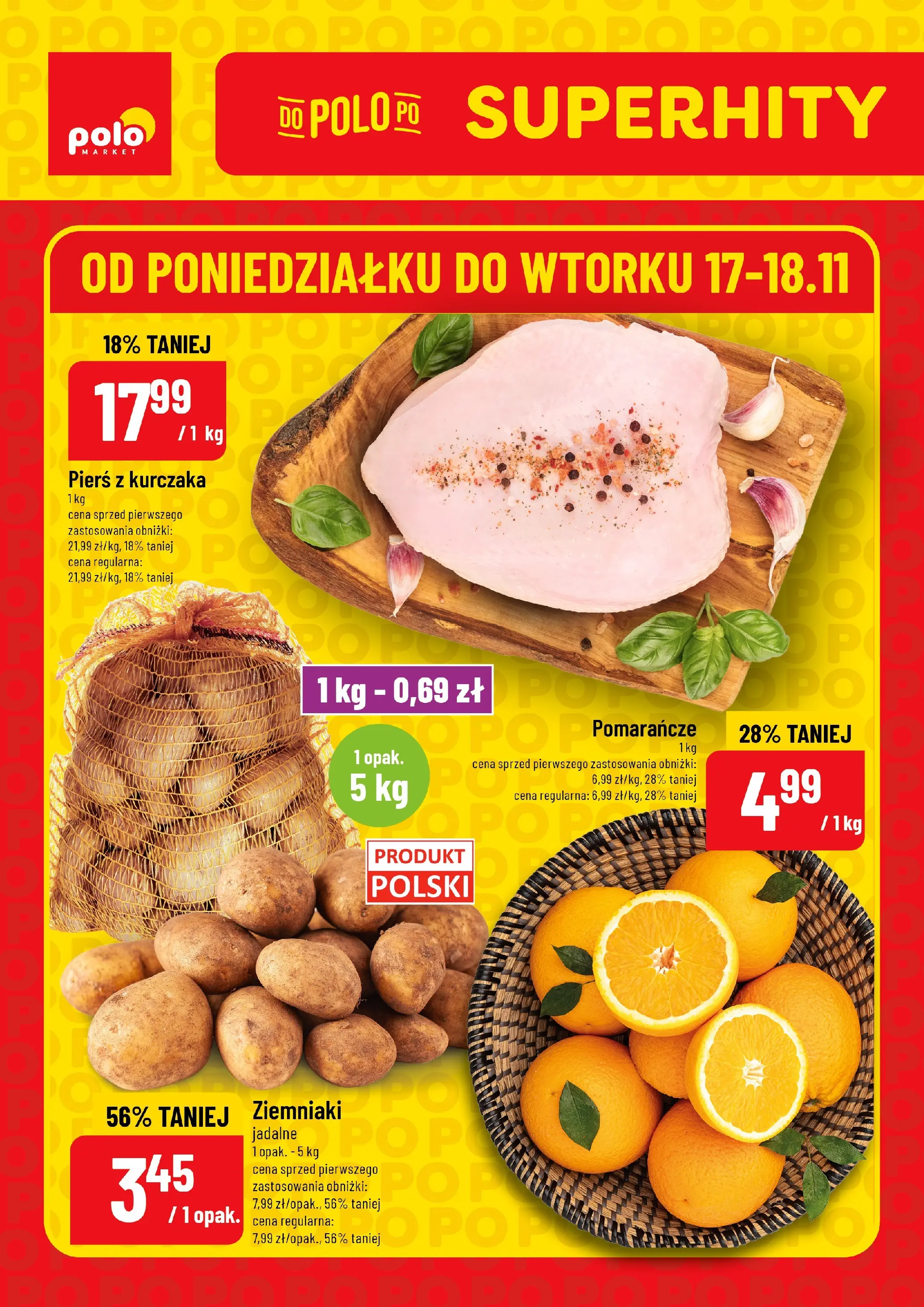 Nowa POLOmarket gazetka od jutra 17.11.2025 (PDF) | Strona: 1 | Produkty: Pierś z kurczaka, Pomarańcze, Ziemniaki