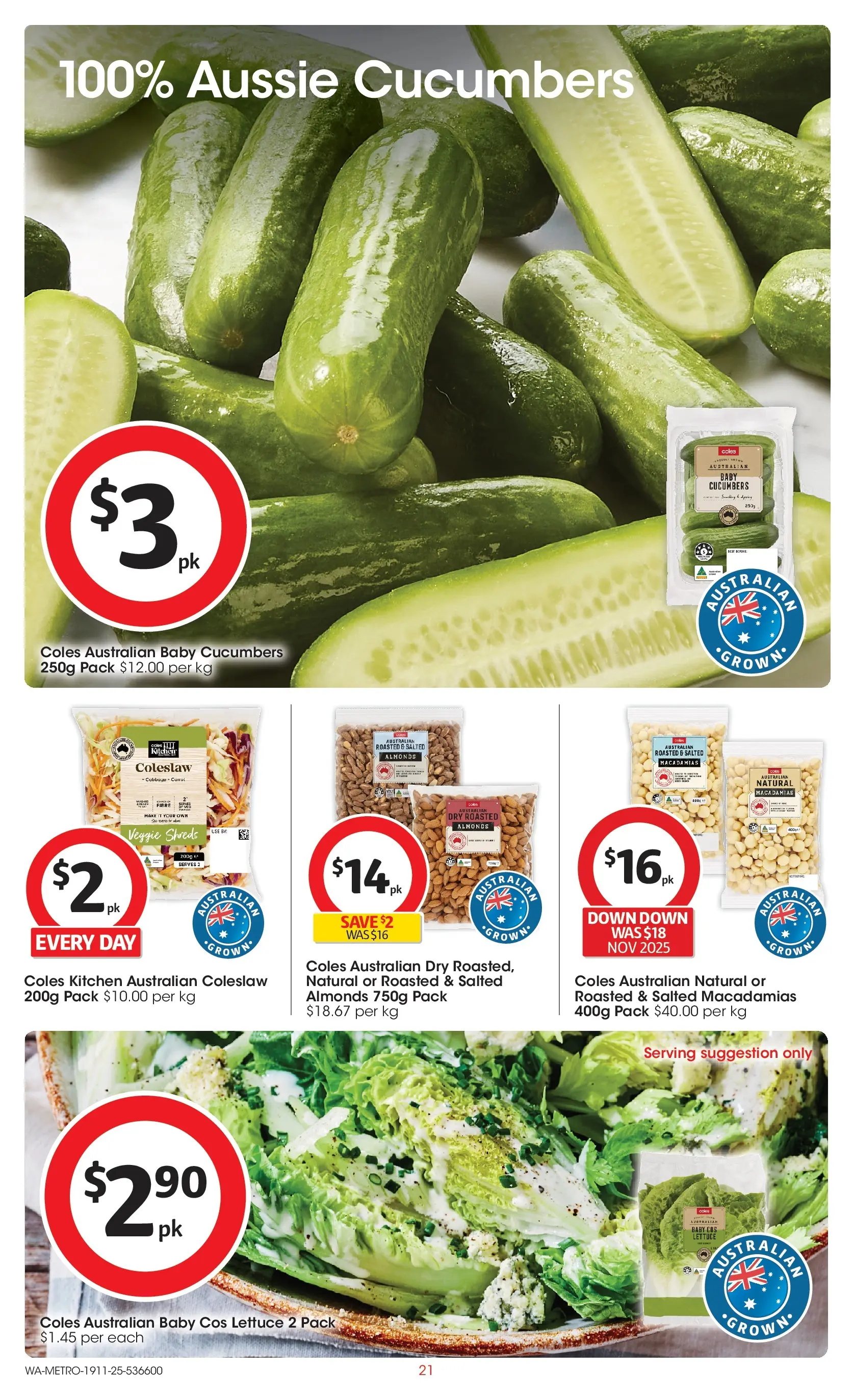 ﻿﻿Coles catalogue valid from 18/11/2025 > Online Australia | Page: 21 | Products: Almonds, Lettuce, Cucumbers
