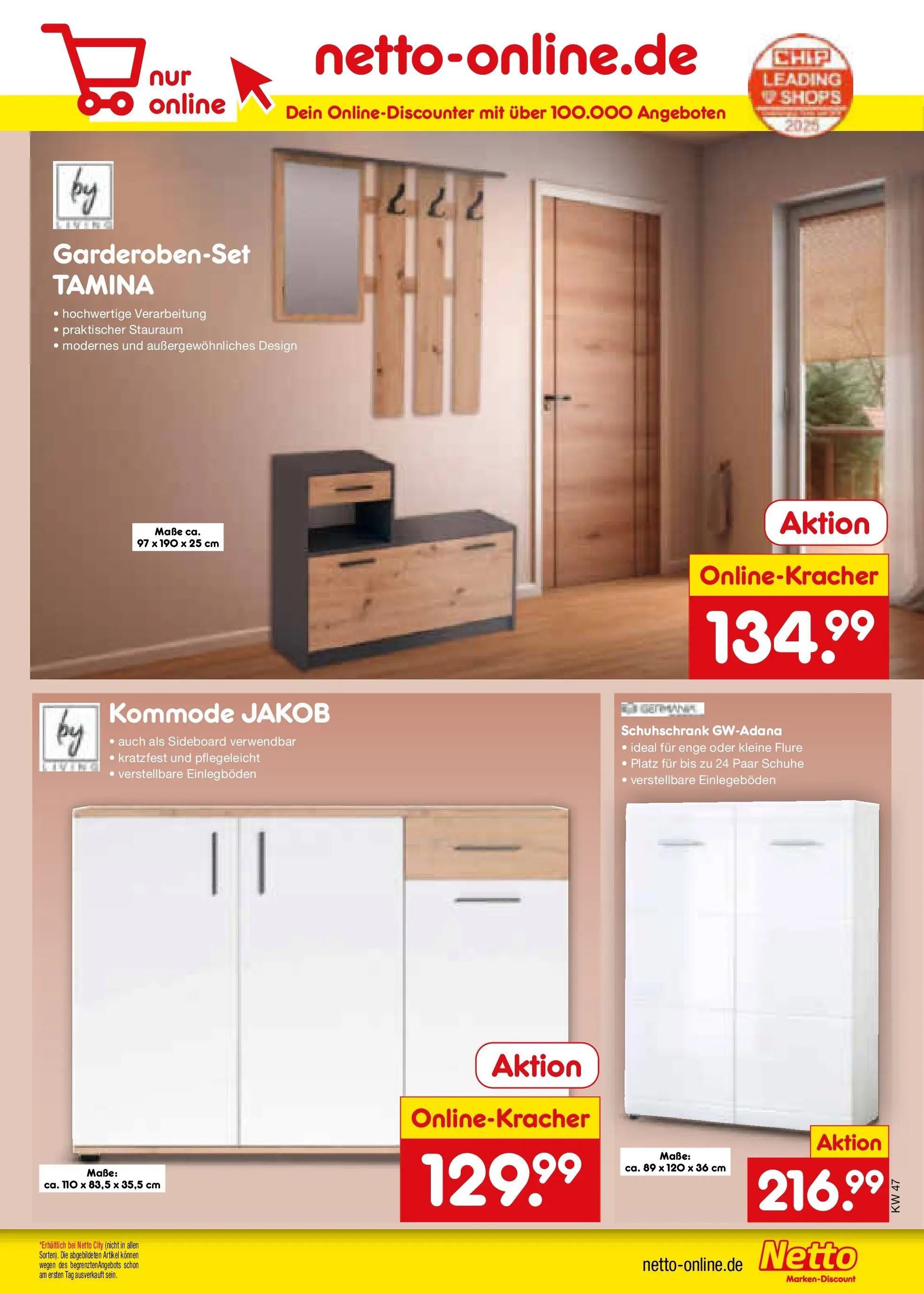 Netto Marken-Discount prospekt Rodewisch (ab 16.11.2025) » Angebote | Seite: 57 | Produkte: Sideboard, Kommode, Garderobenset Netto Marken-Discount prospekt Rodewisch (ab 16.11.2025) » Angebote | Seite: 57 | Produkte: Sideboard, Kommode, Garderobenset