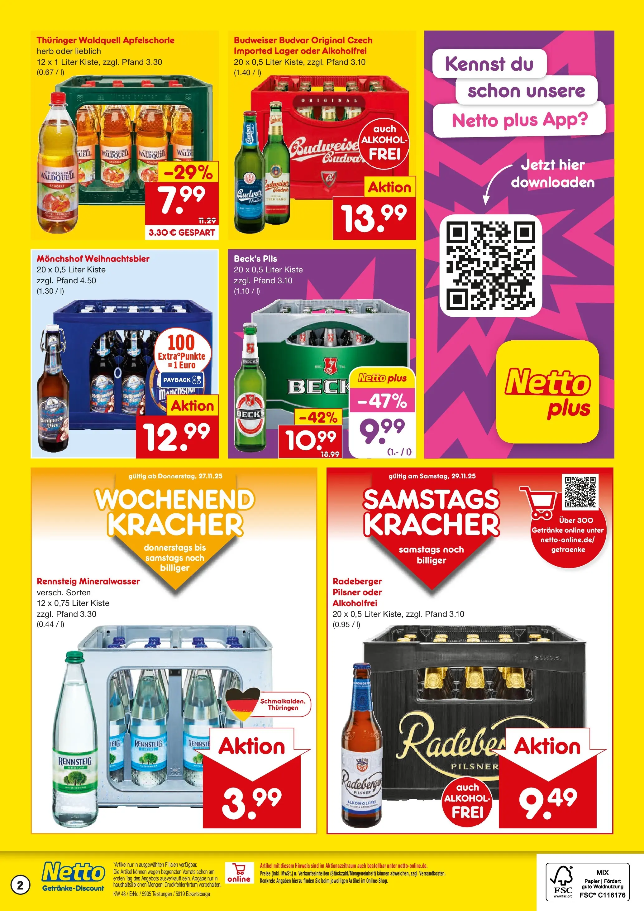 Netto Marken-Discount prospekt Teistungen	 (ab 23.11.2025) » Angebote | Seite: 2 | Produkte: Monchshof, Pils, Mineralwasser, Budweiser