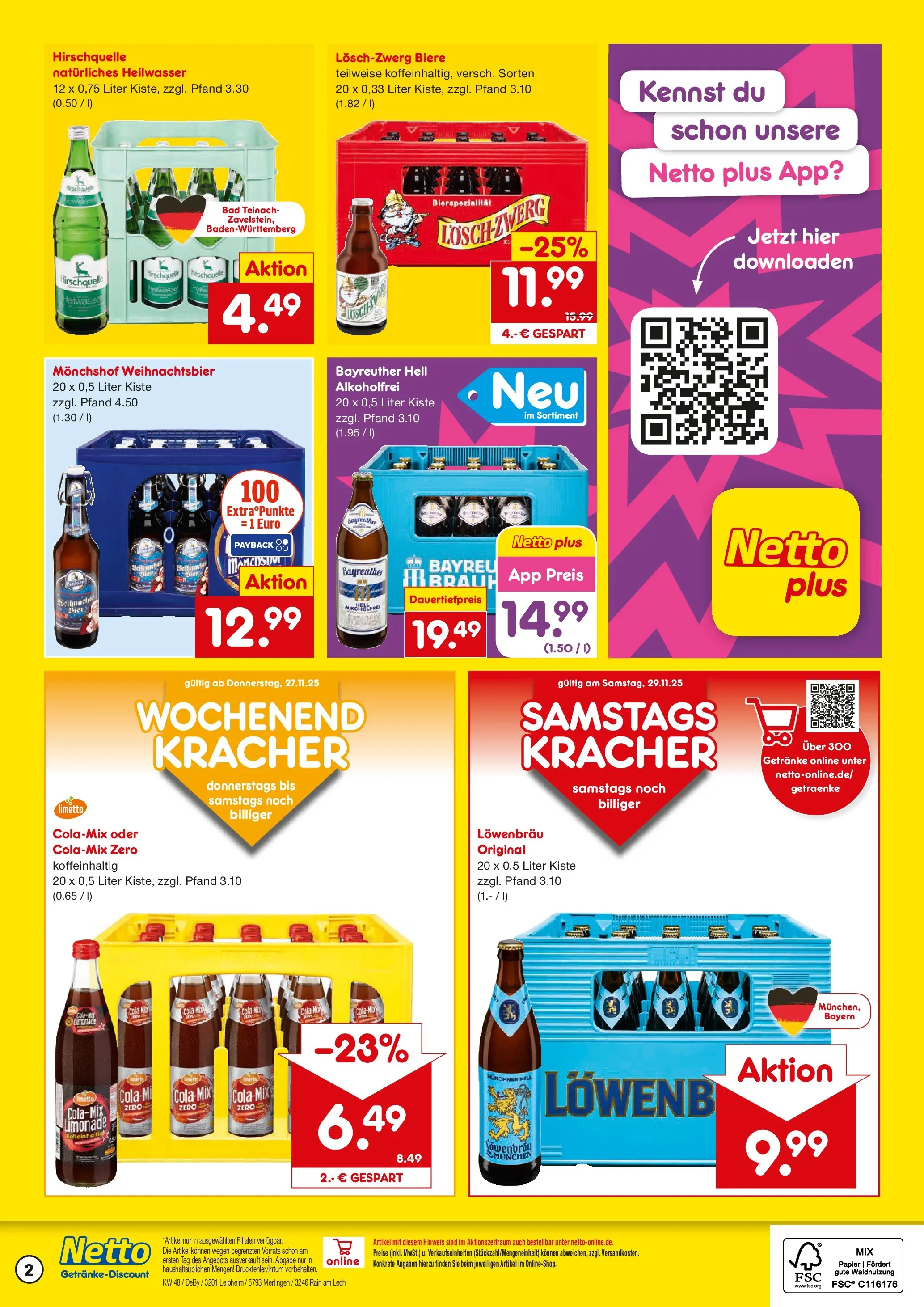 Netto Marken-Discount prospekt Leipheim	 (ab 24.11.2025) » Angebote | Seite: 2 | Produkte: Bayreuther hell, Monchshof, Cola, Limonade