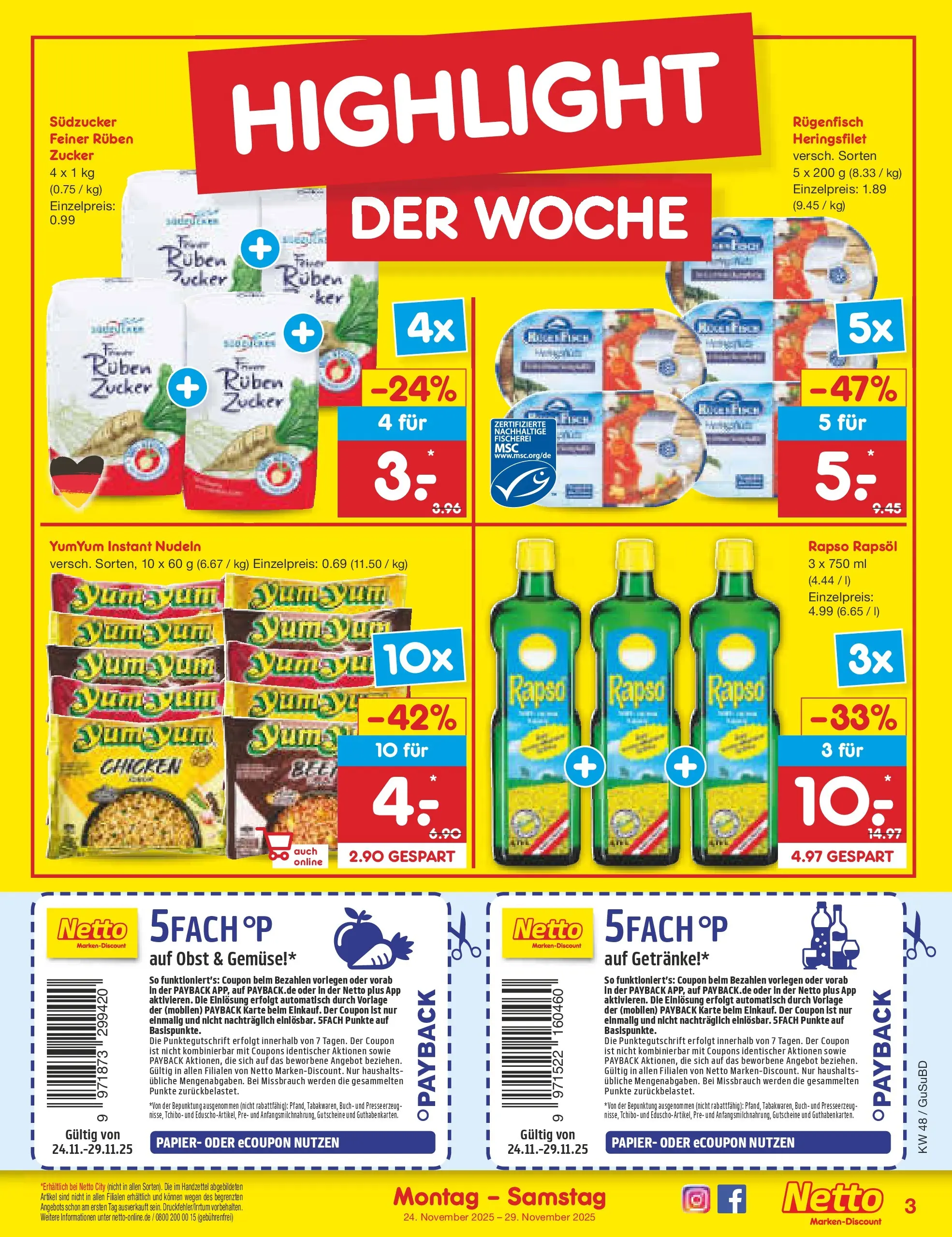 Netto Marken-Discount prospekt Glauchau	 (ab 24.11.2025) » Angebote | Seite: 3 | Produkte: Rapsöl, Obst, Zucker, Rapso rapsol