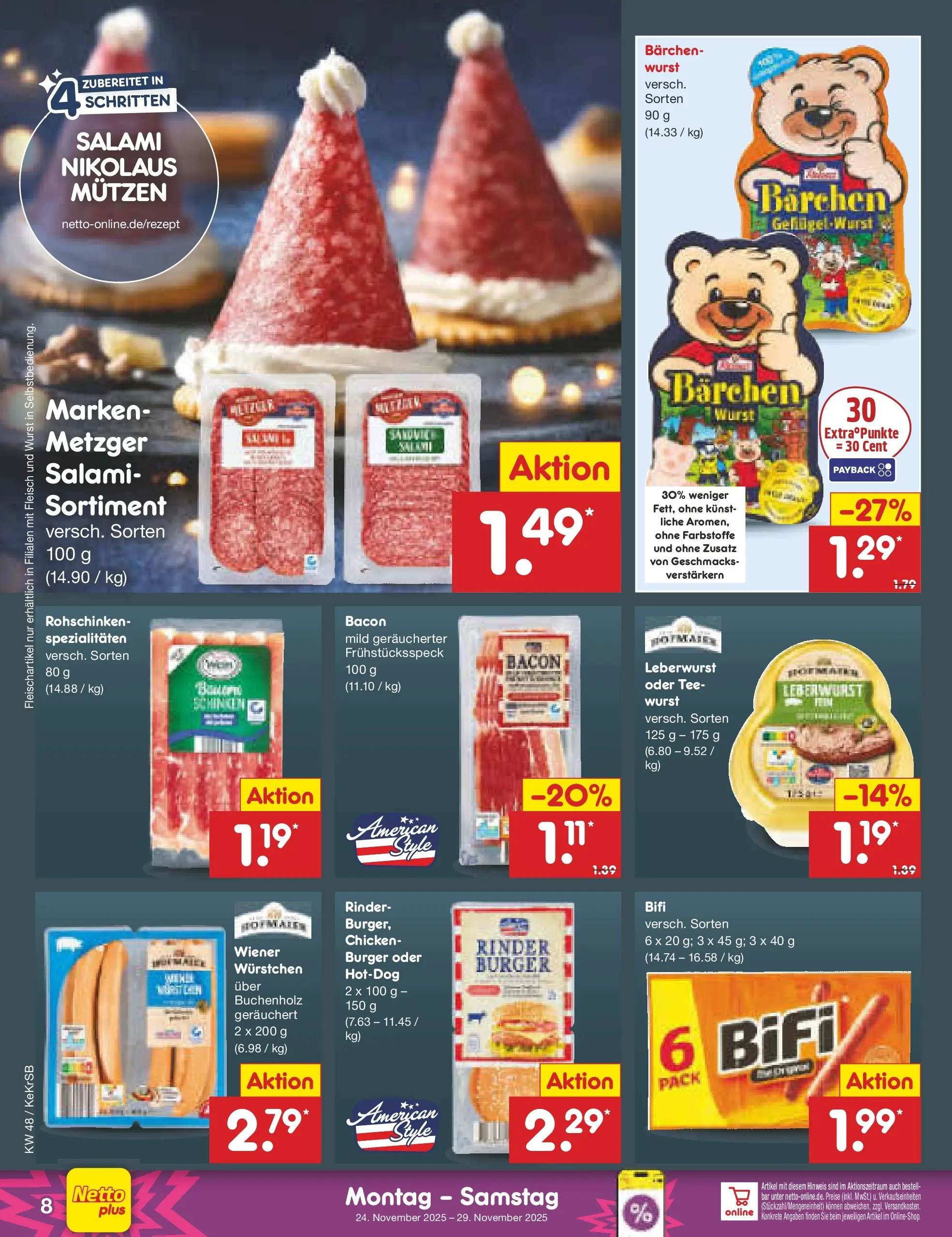 Netto Marken-Discount prospekt Kruft	 (ab 23.11.2025) » Angebote | Seite: 8 | Produkte: Bifi, Wurst, Salami, Schinken